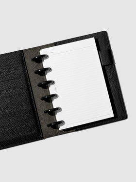 CP Petite sized planner featuring a black leather folio, black discs, and notes inserts