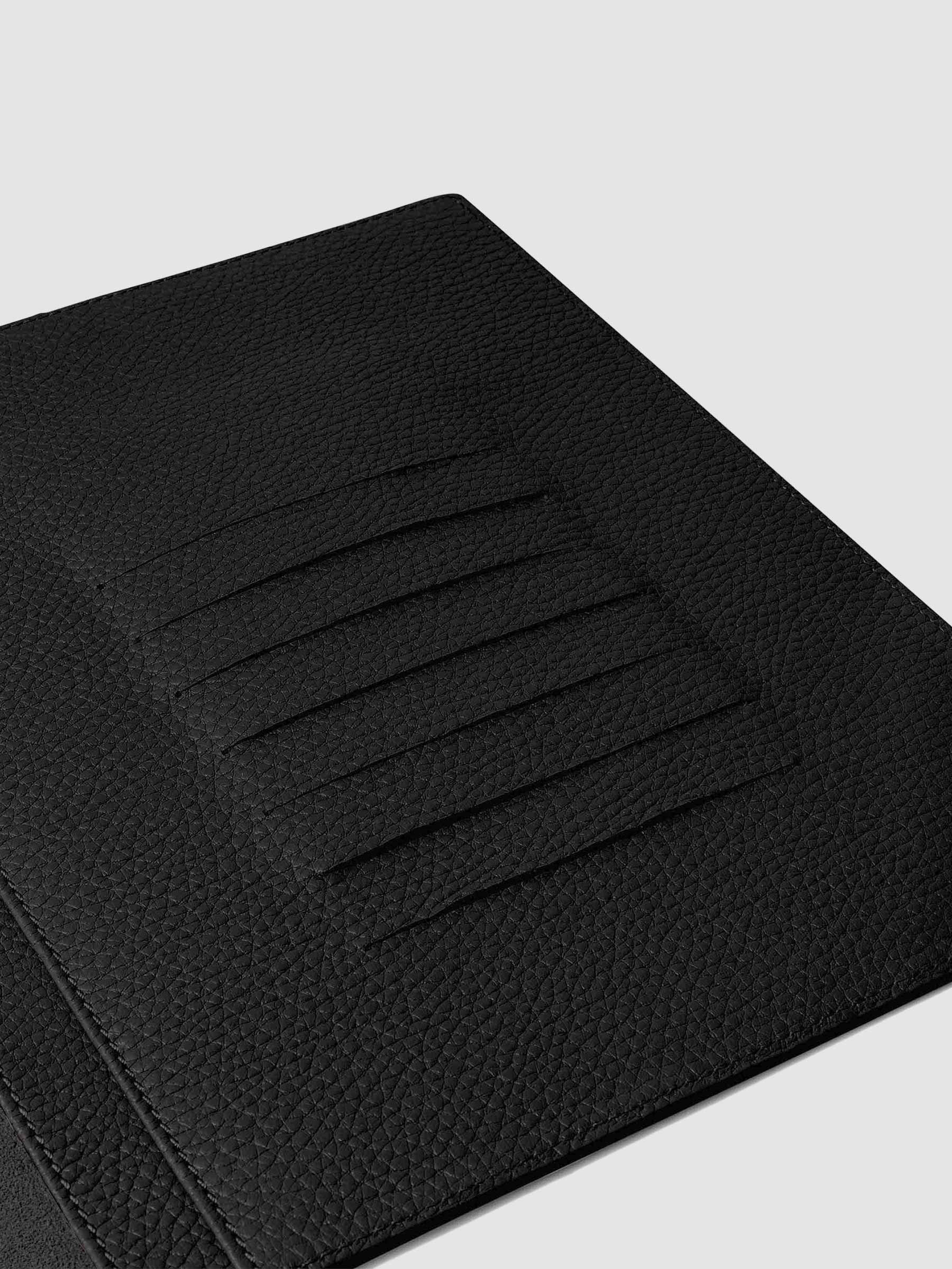 Closeup of credit card slots inside leather folio.