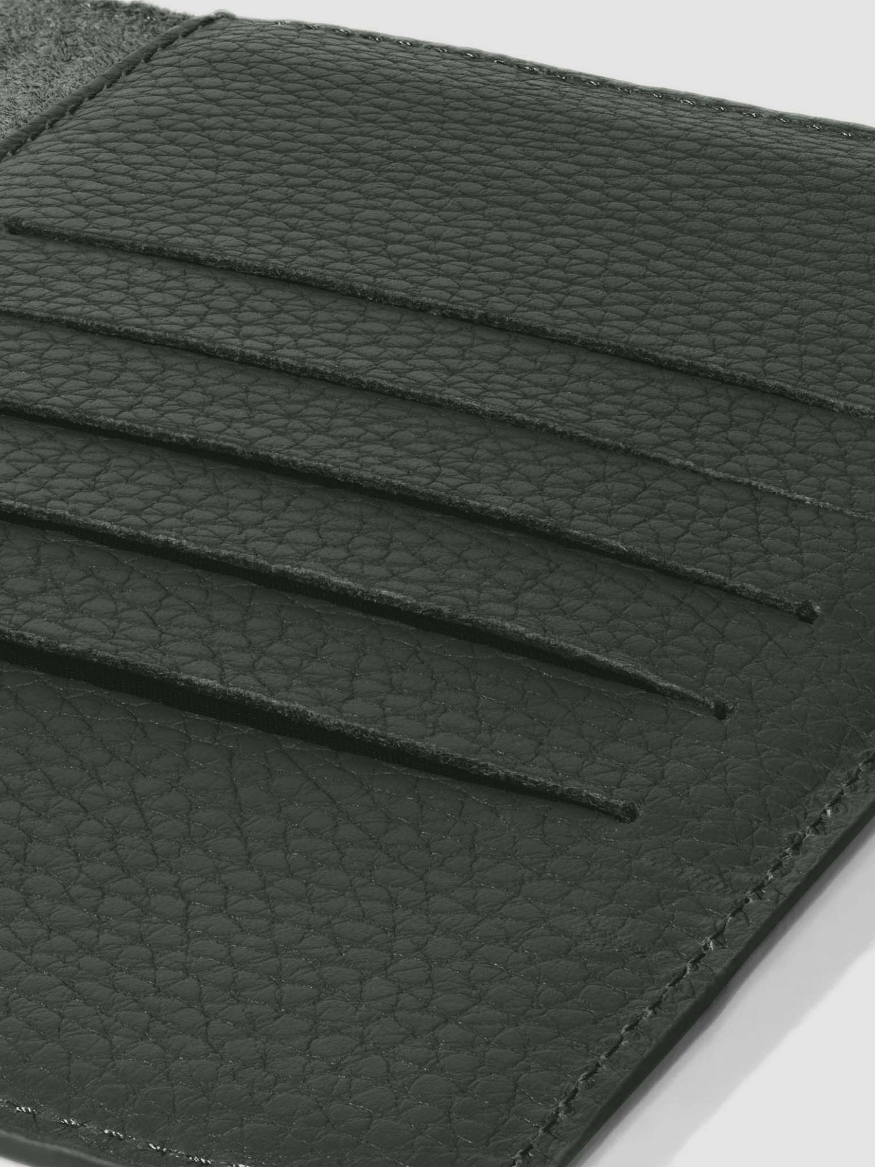 Closeup of credit card slots inside leather folio.