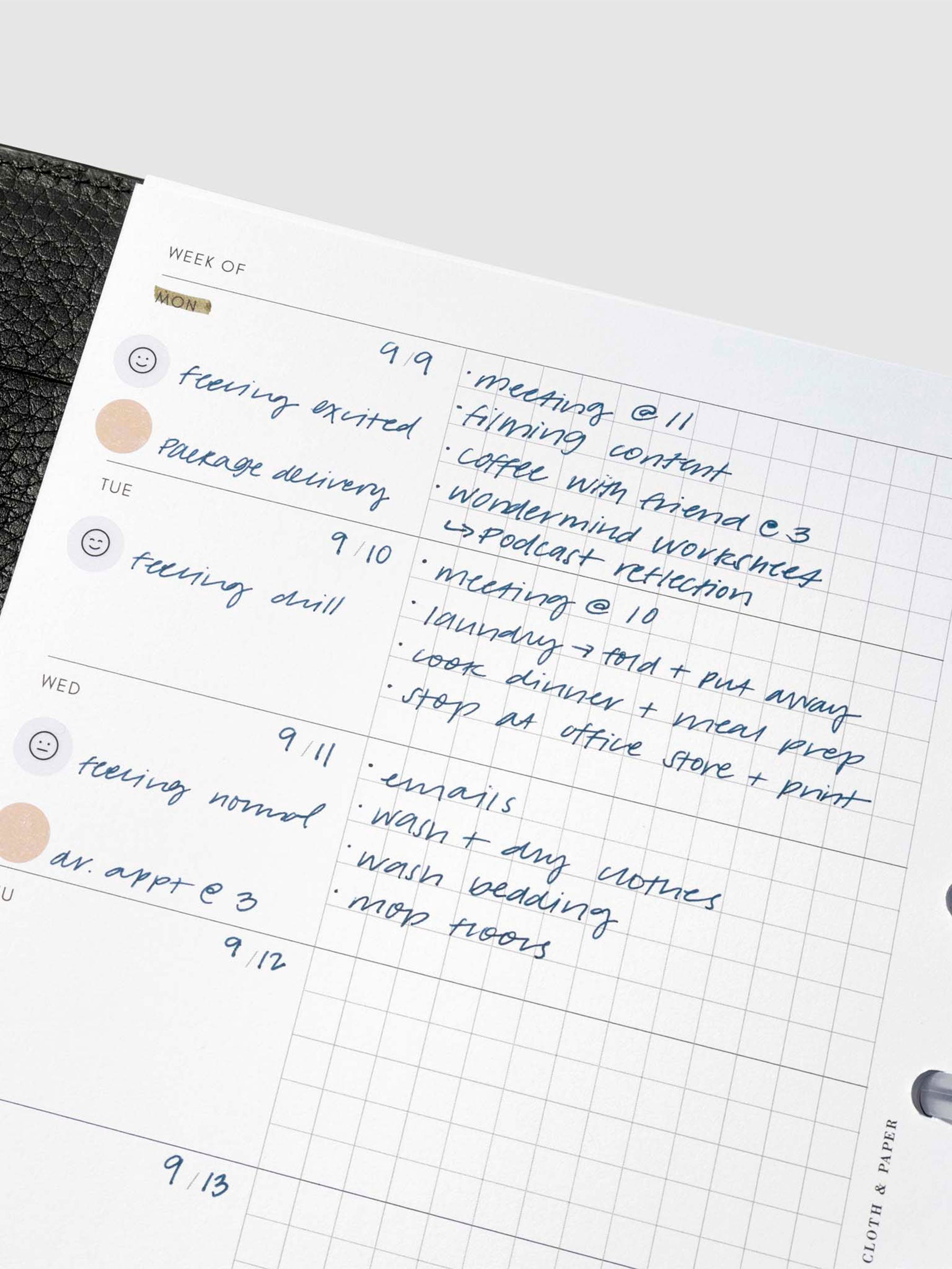 Insert in use inside a discbound planner system. Size shown is Half Letter.