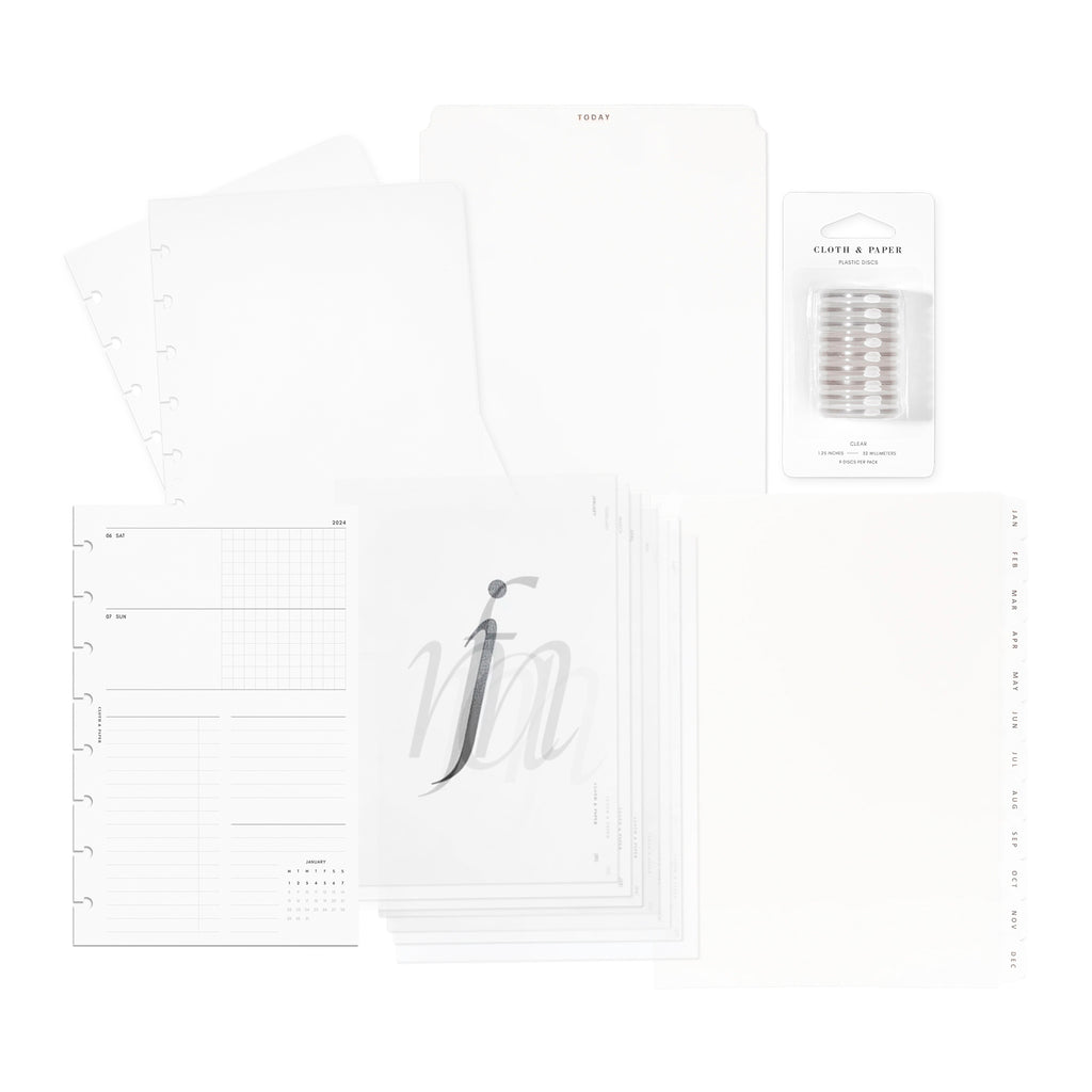 2024 Dated Planner Bundle | Horizontal Weekly, Cloth and Paper. Bundle displayed on a white background - a clear vinyl planner, today tab, 2024 Dated Horizontal Weekly Inserts, Monthly Cover Planner Dashboard Set, and Monthly Divider Tabs. Size shown is Half Letter.