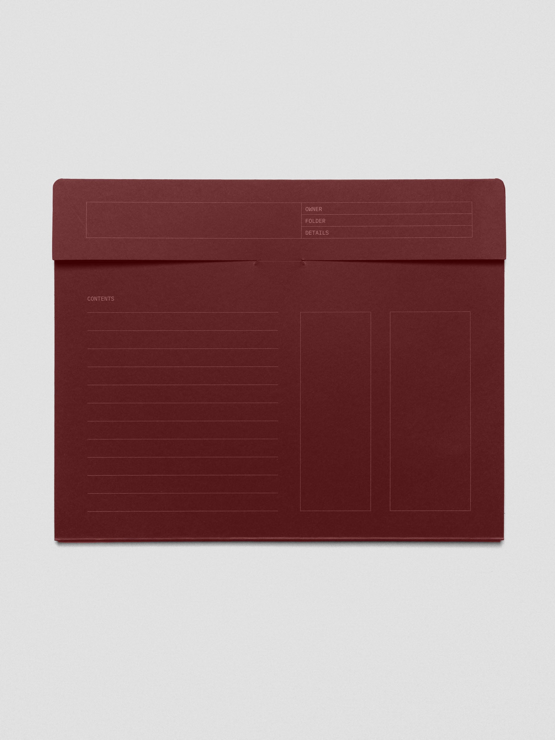 A closed Bordeaux-colored index folder displayed with its flap folded down, showing printed fields for Owner, Folder, Details, and labeled sections for contents and notes on the front.
