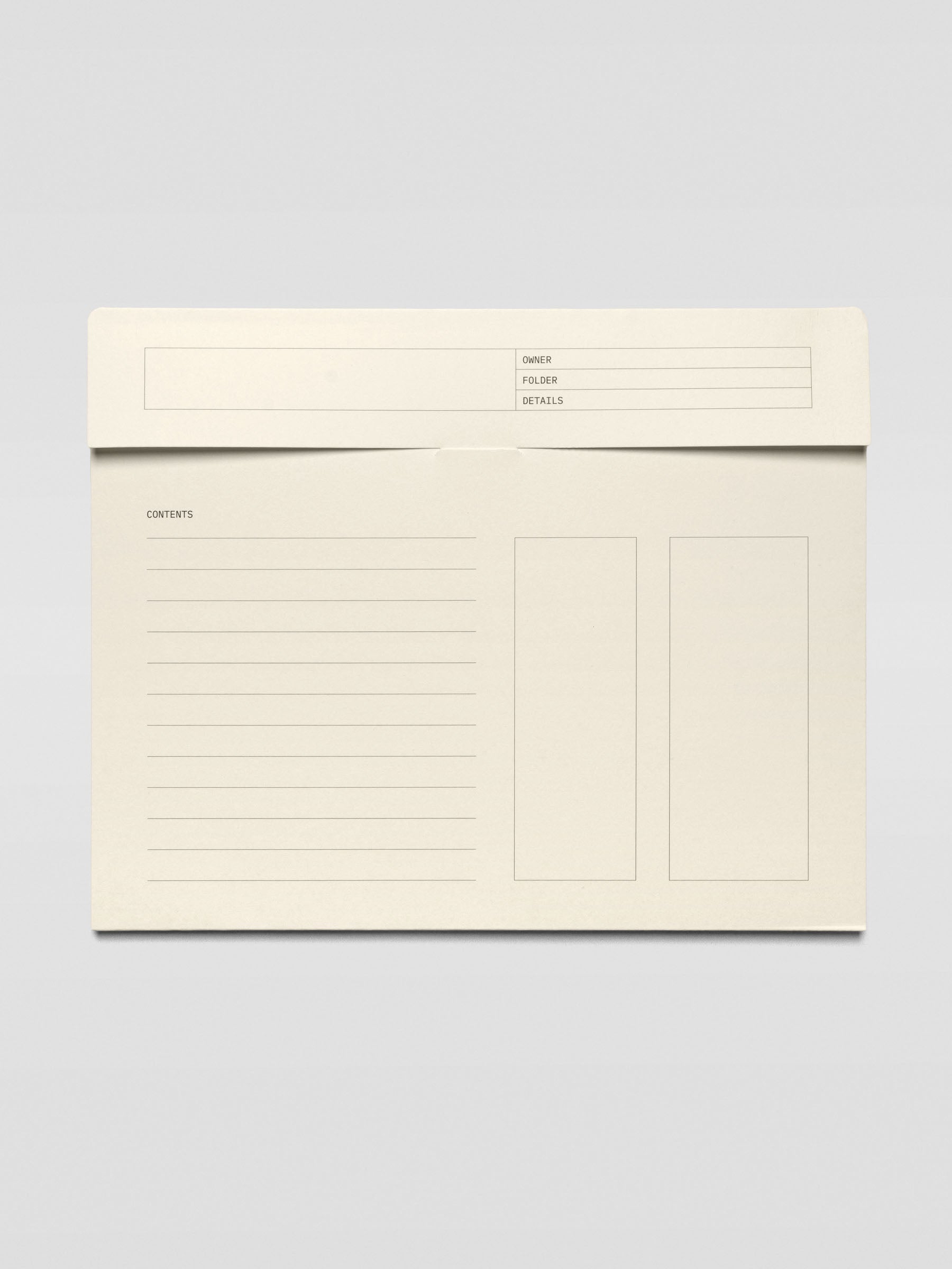Cream index folder shown closed with flap tucked in. The front displays labeled sections for Owner, Folder, and Details, with lined and boxed areas for notes and contents.