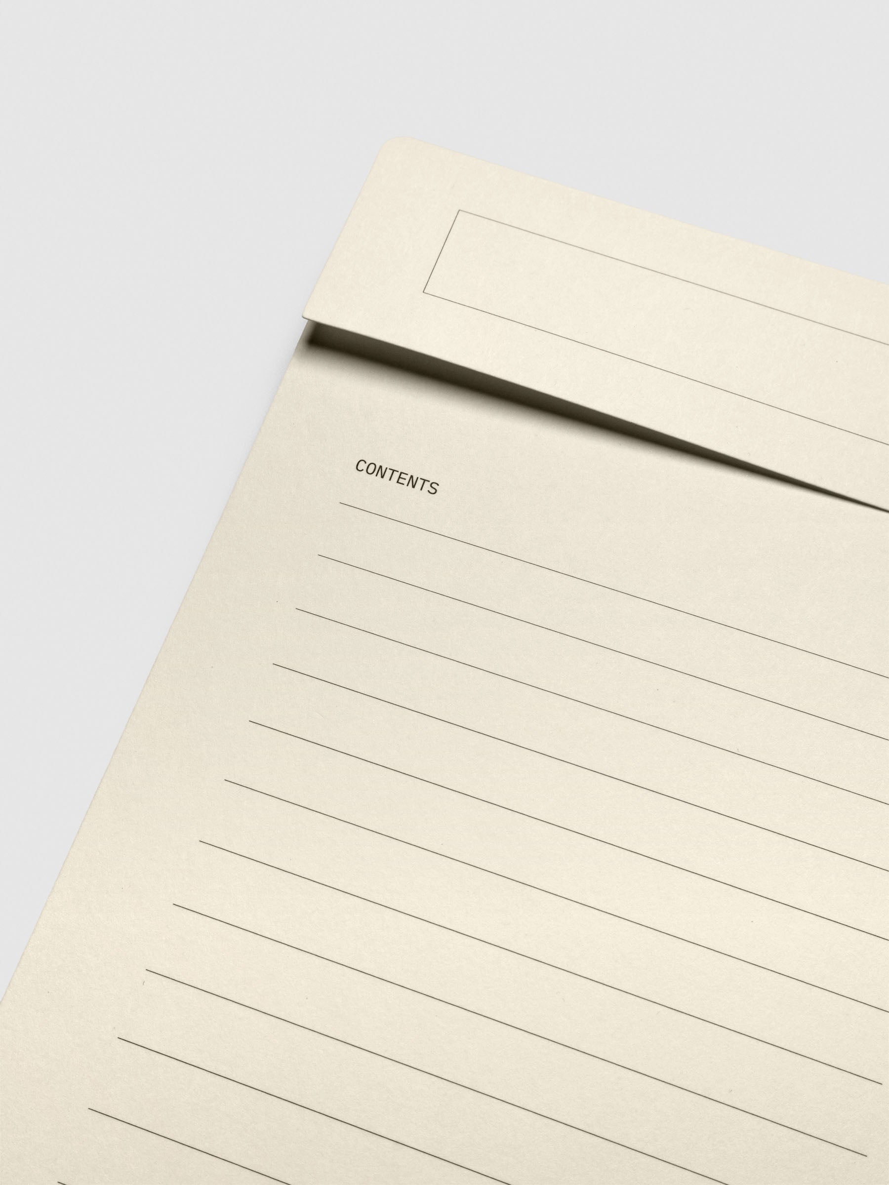 Close-up of the lined section labeled Contents on the front of the folder.