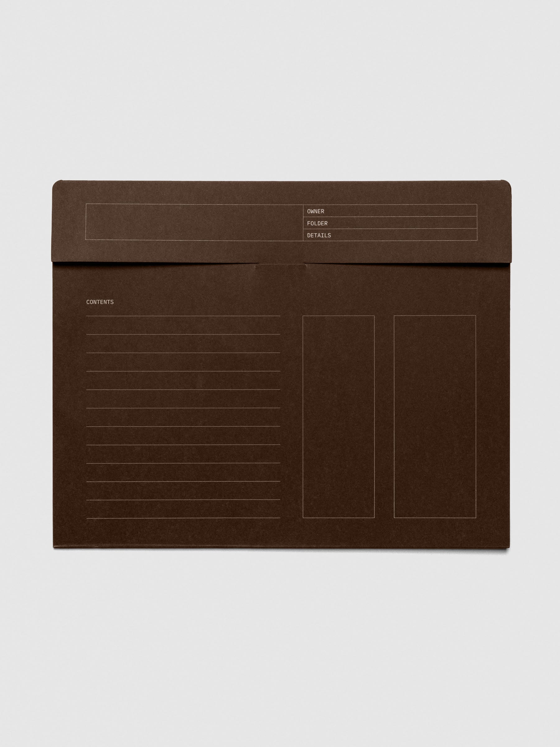 Espresso brown index folder closed with labeled sections for Owner, Folder, Details, and a contents checklist with two blank outlined areas.