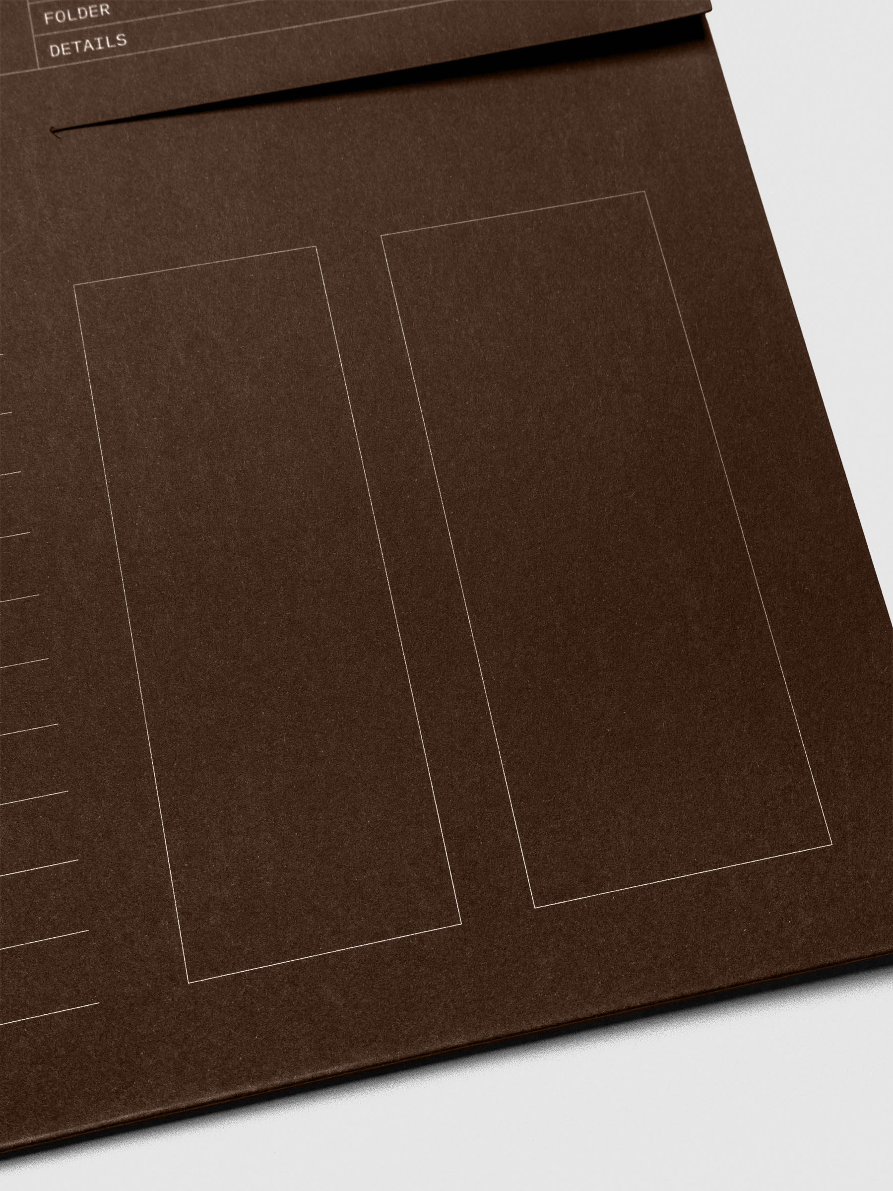 Detail shot of the two outlined sections on the front of the espresso index folder, ideal for notes or attaching sticky notes.