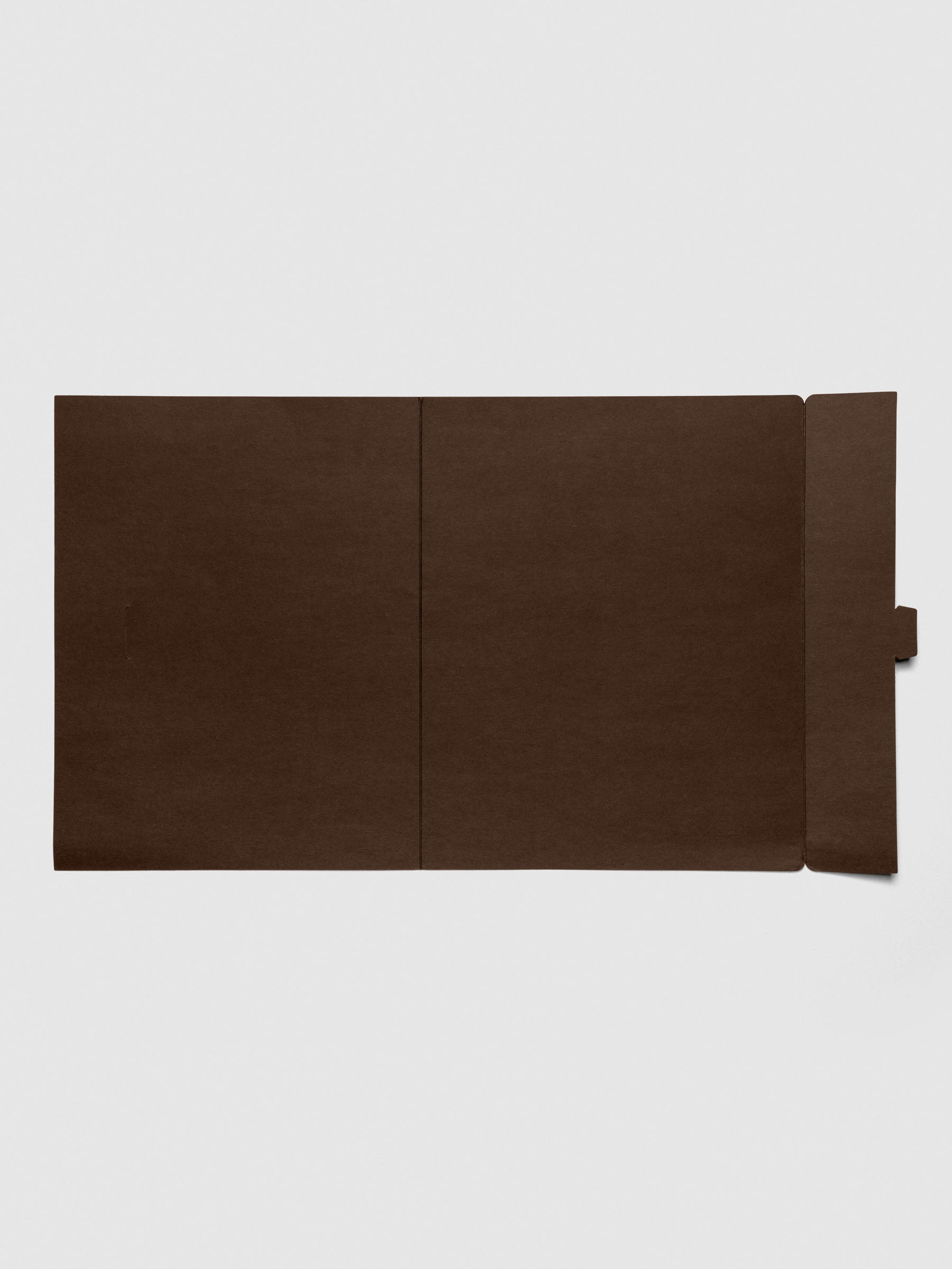 Espresso index folder fully opened to show the interior layout, which is blank and made of thick cardstock.