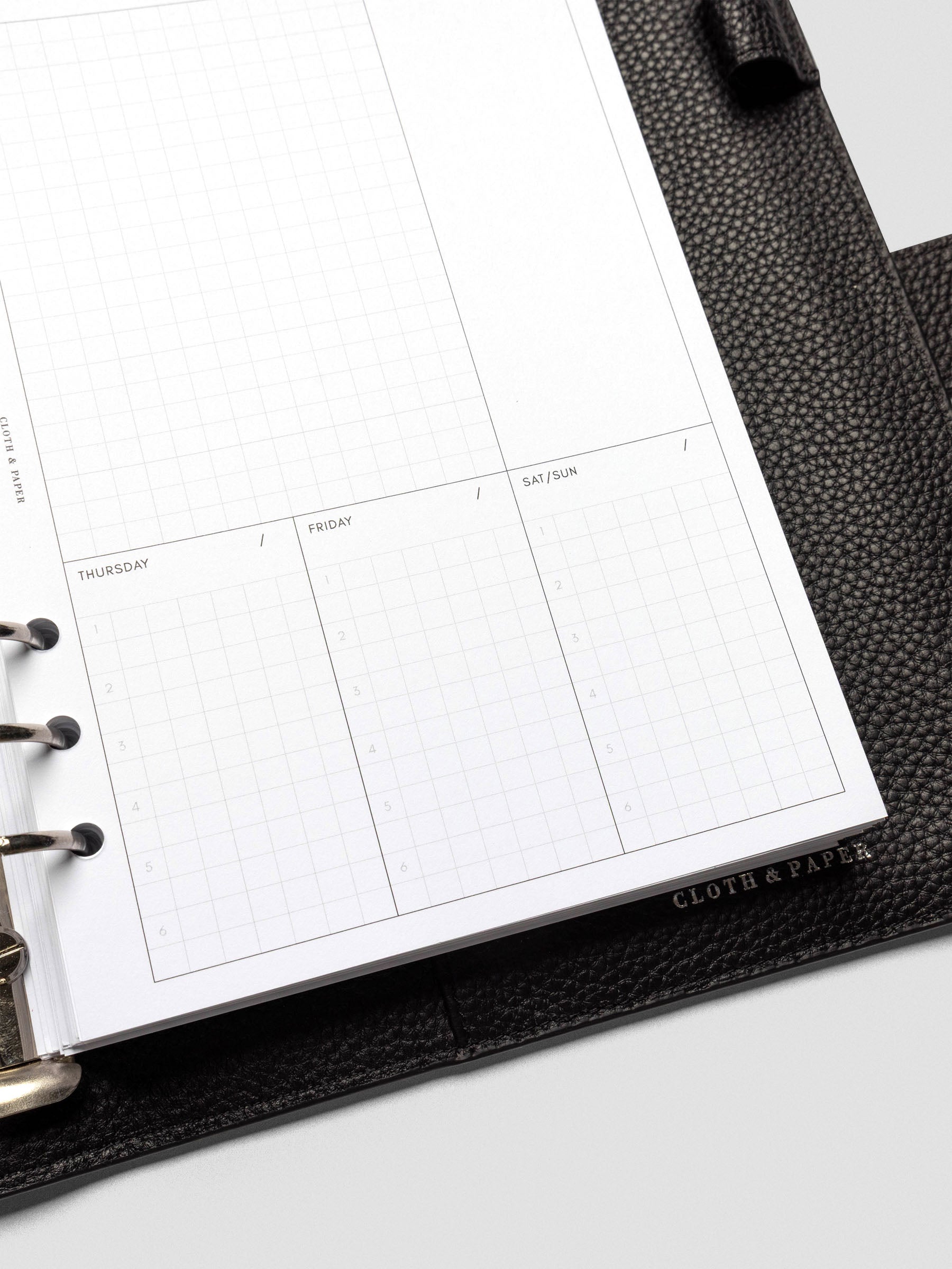 Close-up of the Thursday to Saturday/Sunday sections on the Ivy Lee Priority Planner Insert, with each day offering six lines for listing top tasks.