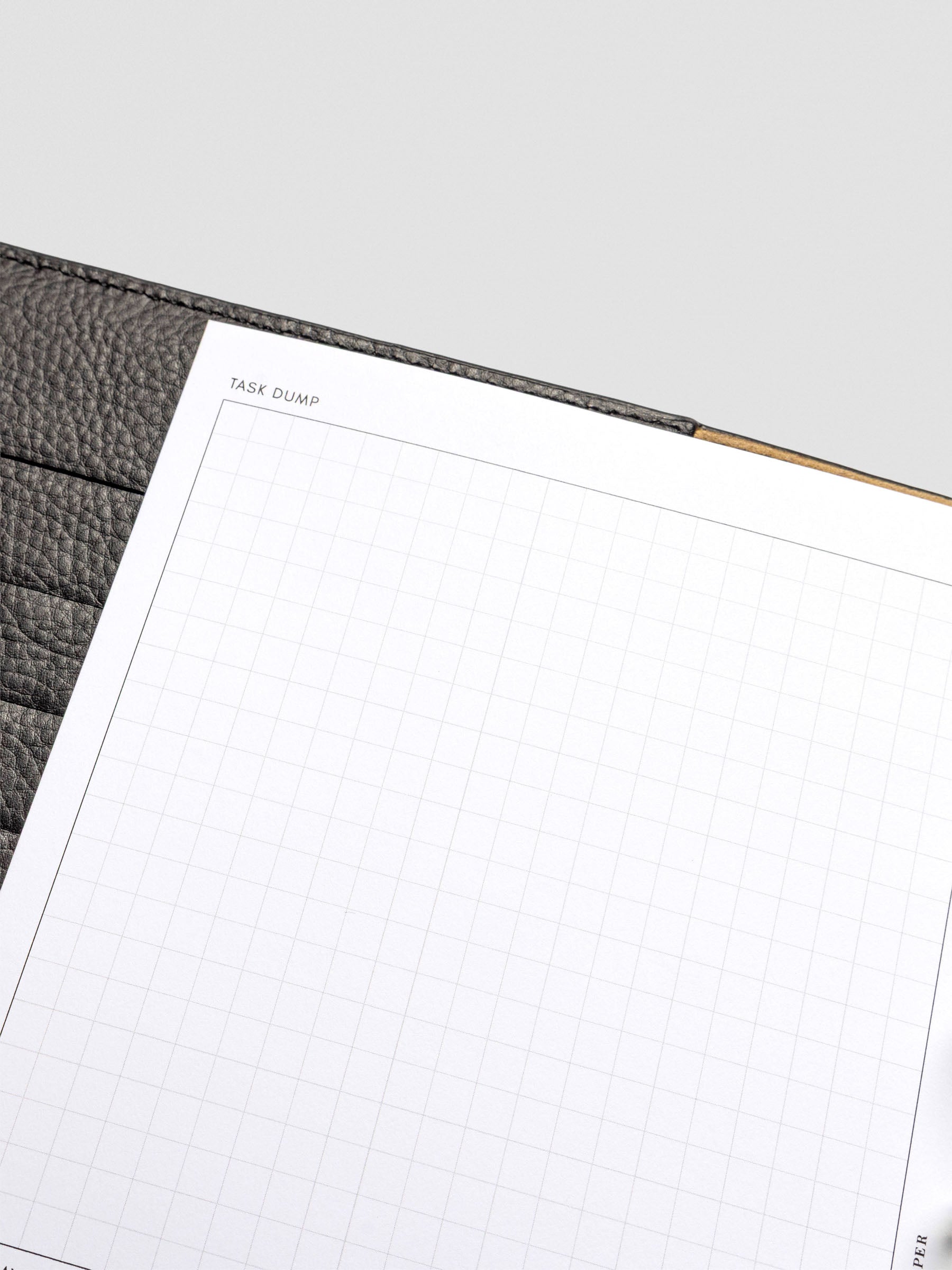 A close-up view of the "Task Dump" section on the left page of the weekly planner insert, showcasing the grid format and minimalist design.