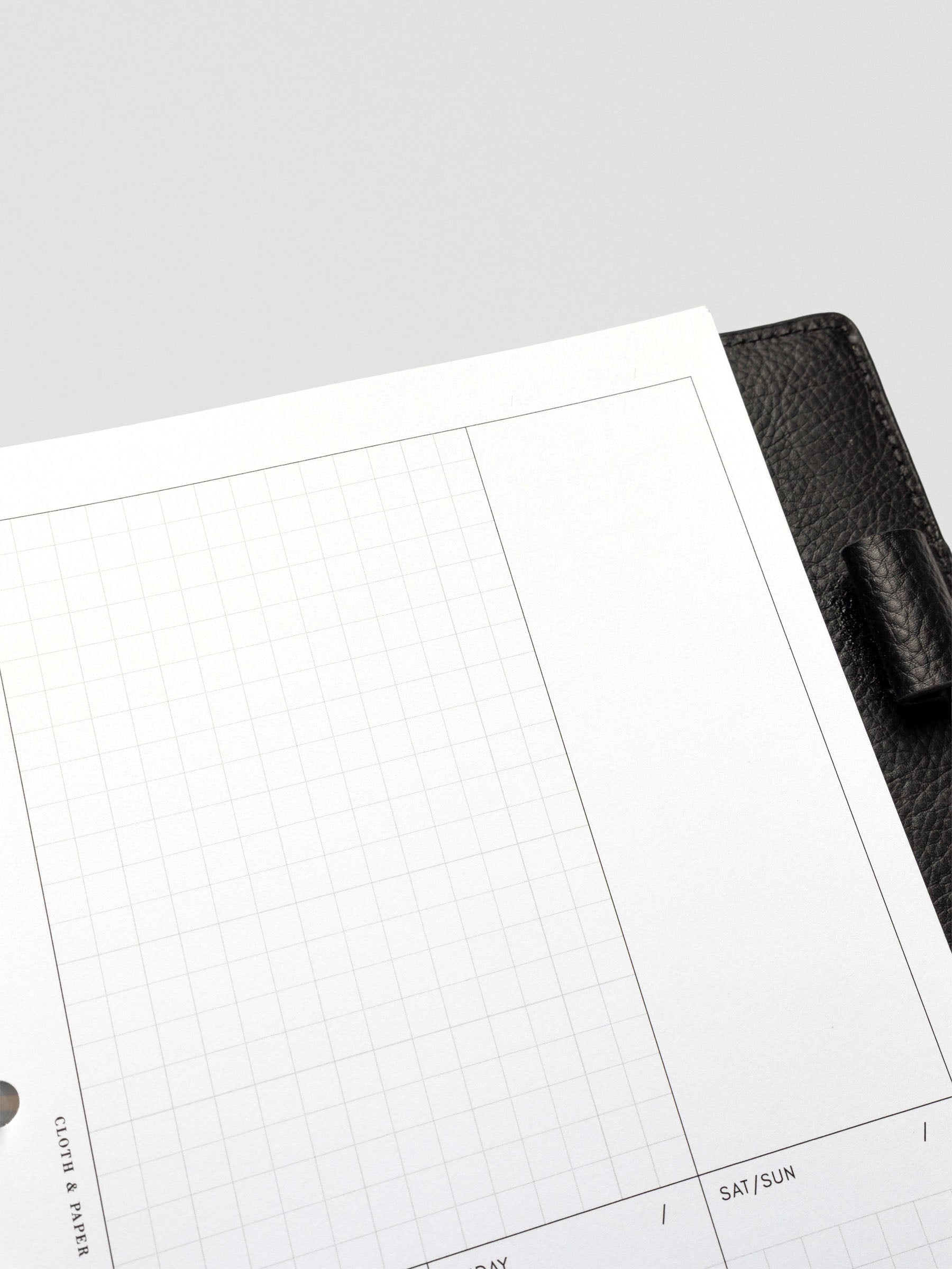 A close-up of the right page of the weekly insert showing the empty grid "Task Dump" space and blank vertical section intended for notes or customization.