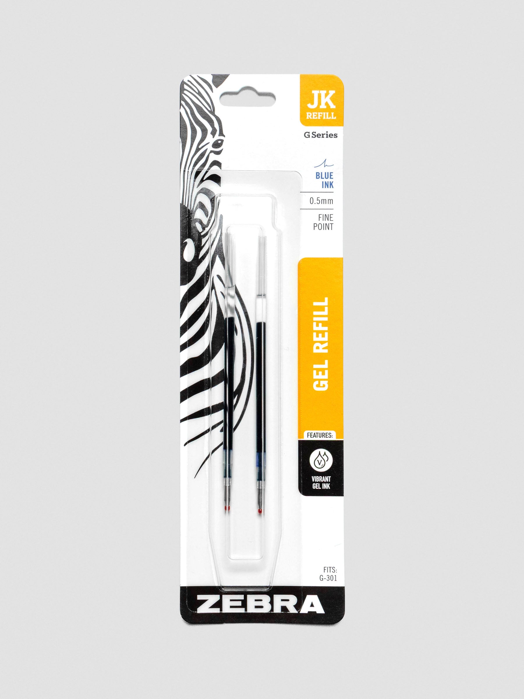 Packaged set of two Zebra JK blue gel pen refills, 0.5mm fine point, in clear plastic casing with zebra graphic on the cardboard backing.