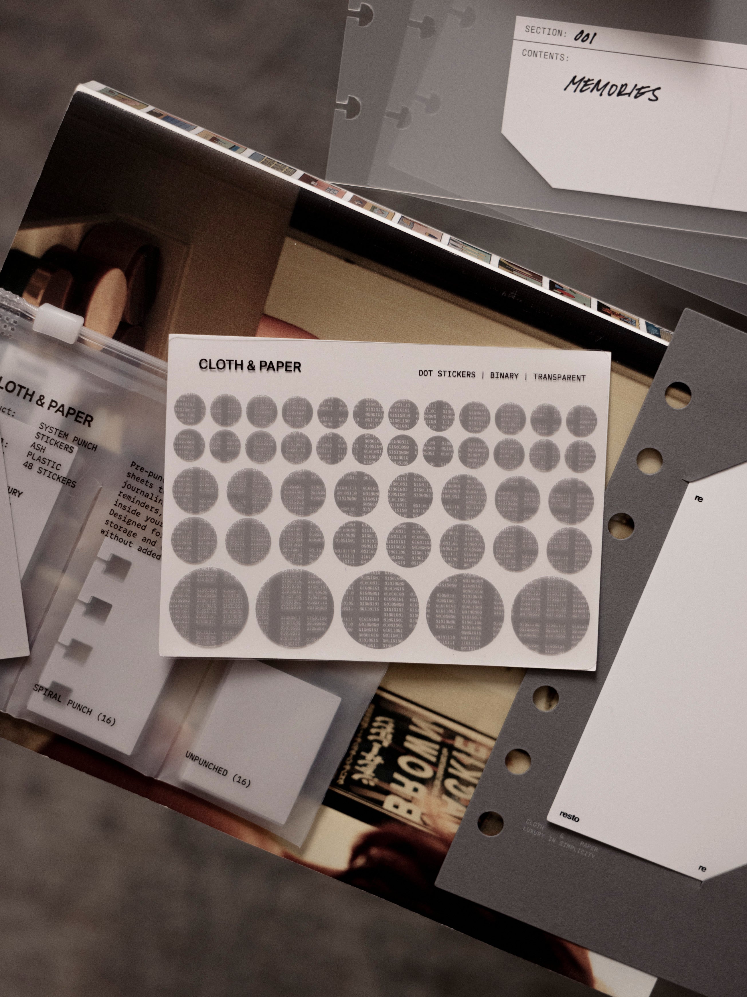 One pack of Dot Stickers | Binary with three circle sticker sizes shown alongside other Cloth & Paper products.