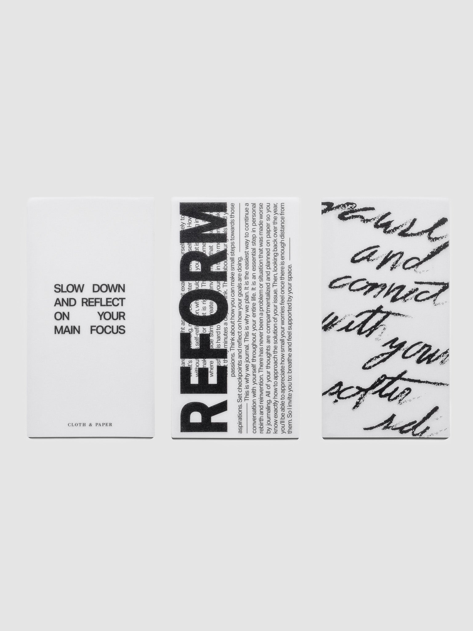 Set of three semi-transparent journaling cards with different text designs printed in black ink.