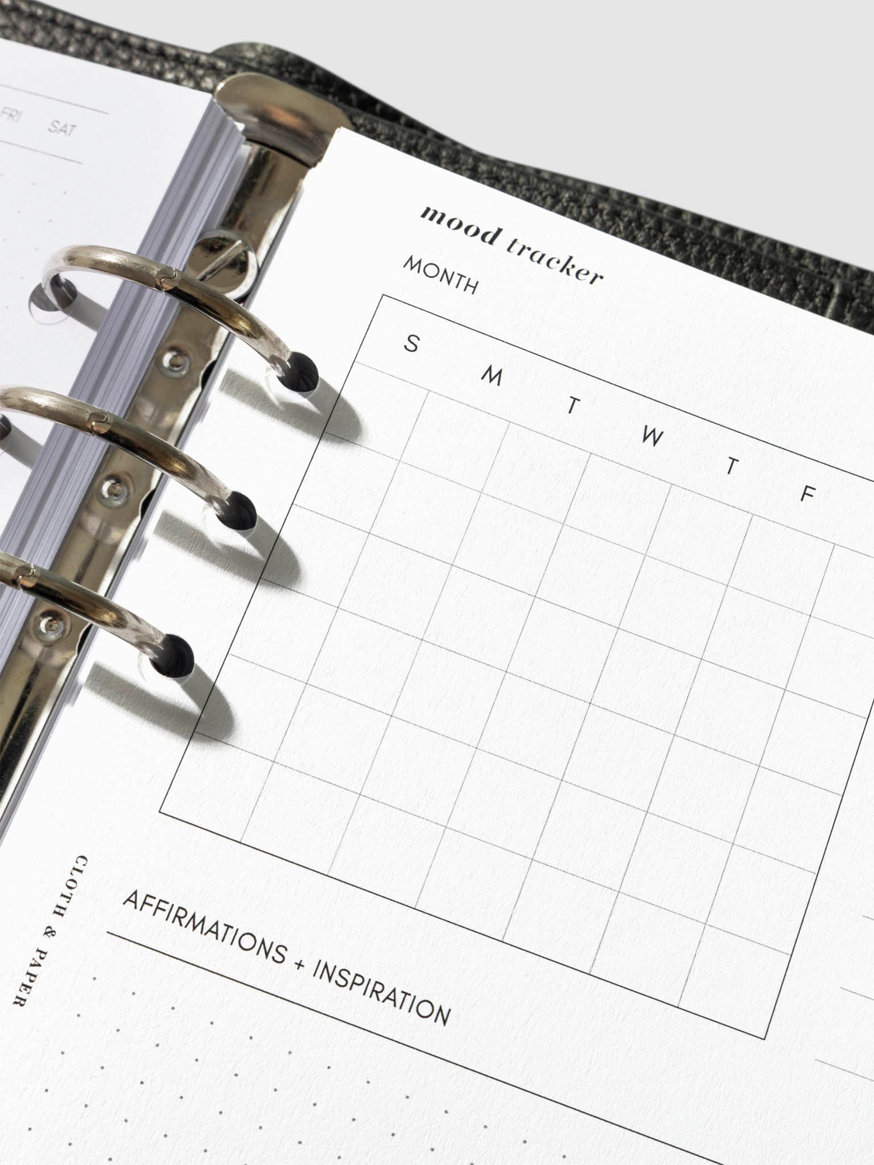 Close up of a page inside the inserts. Fields are monthly mood tracker, symbol key guide, and affirmations and inspiration.