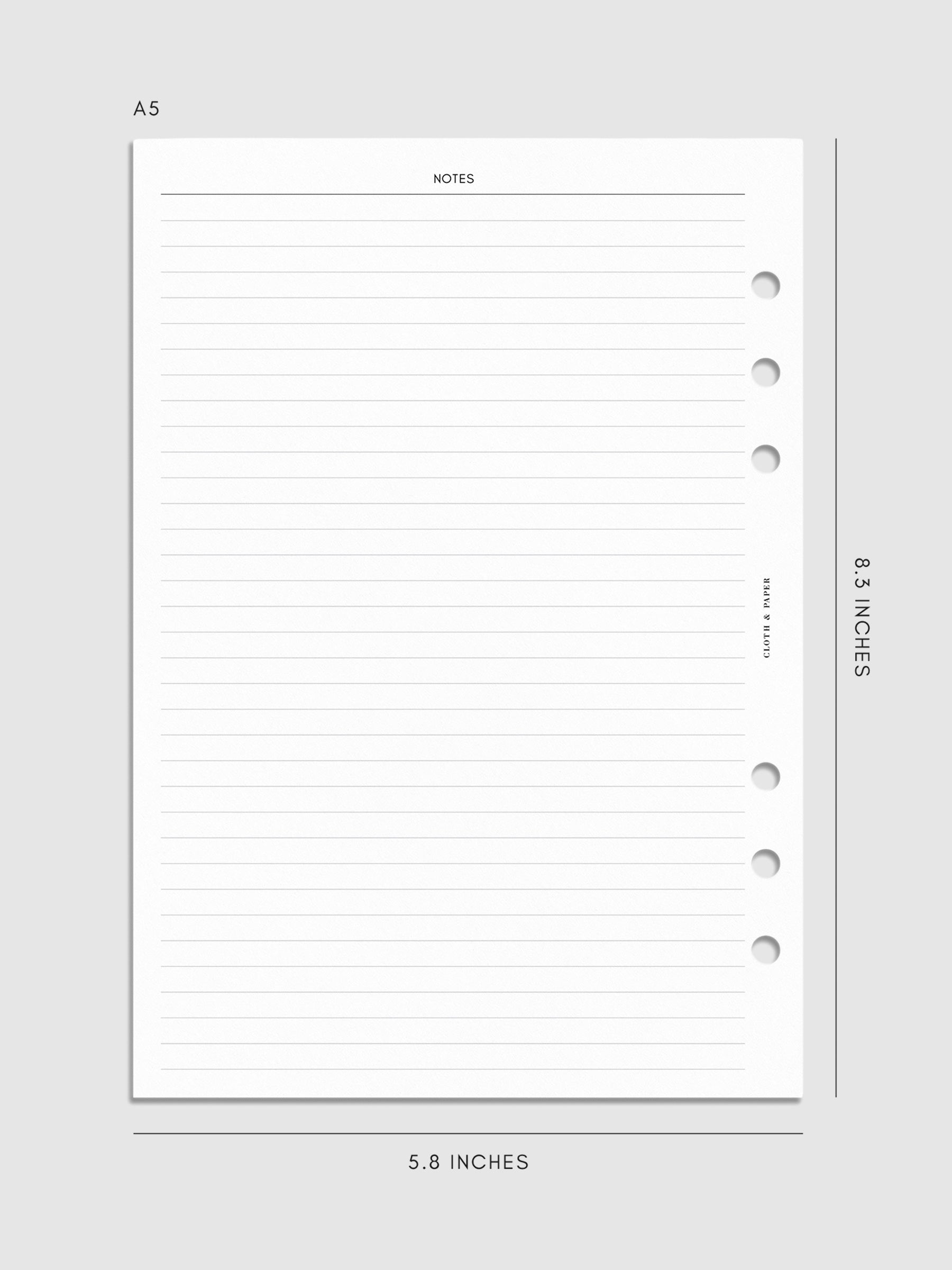 Digital mockup of insert in A5 sizing. Page shown is lined notes section. 