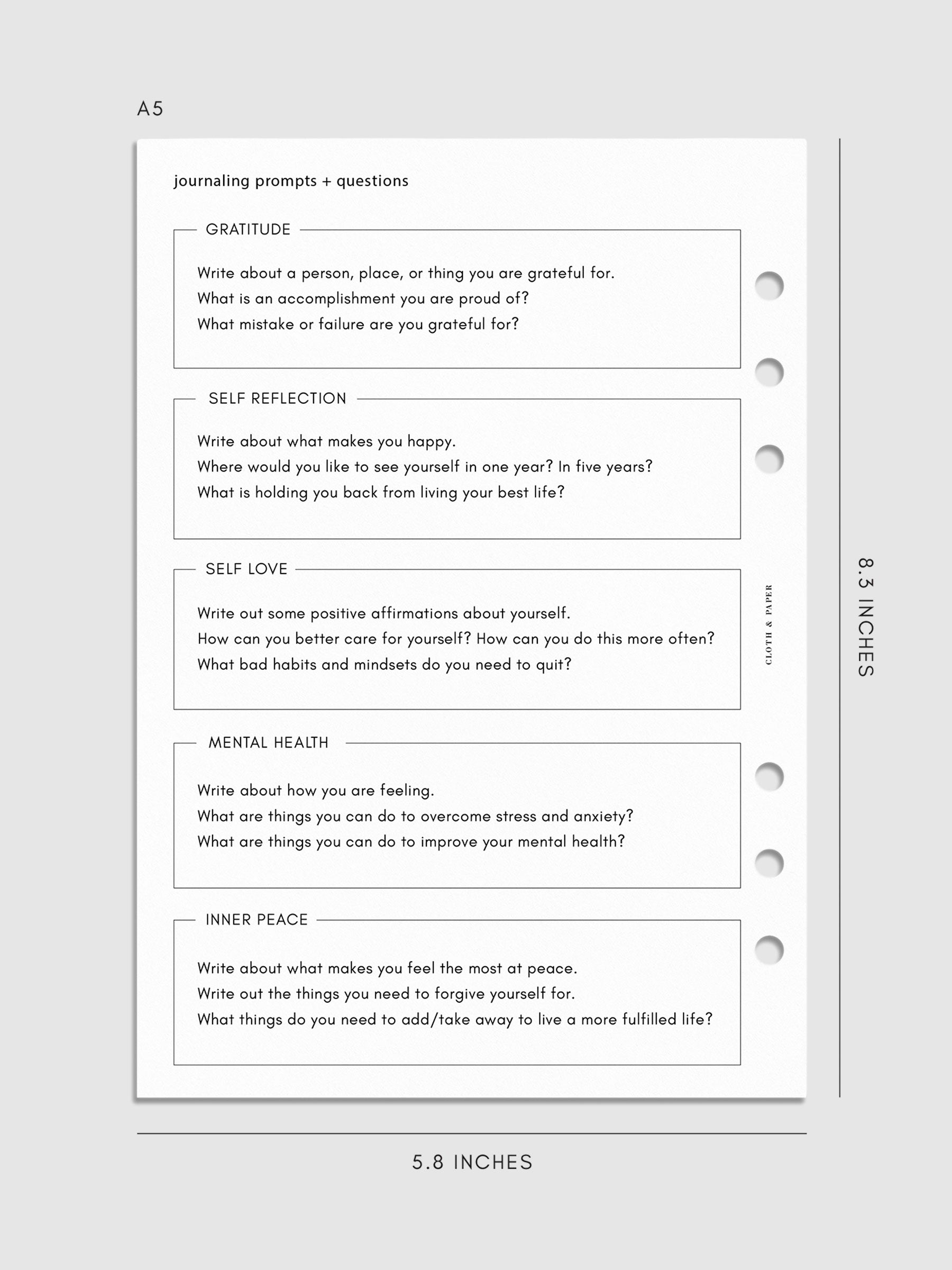 Digital mockup of insert in A5 sizing. Pictured page is the journaling prompts and questions section. 