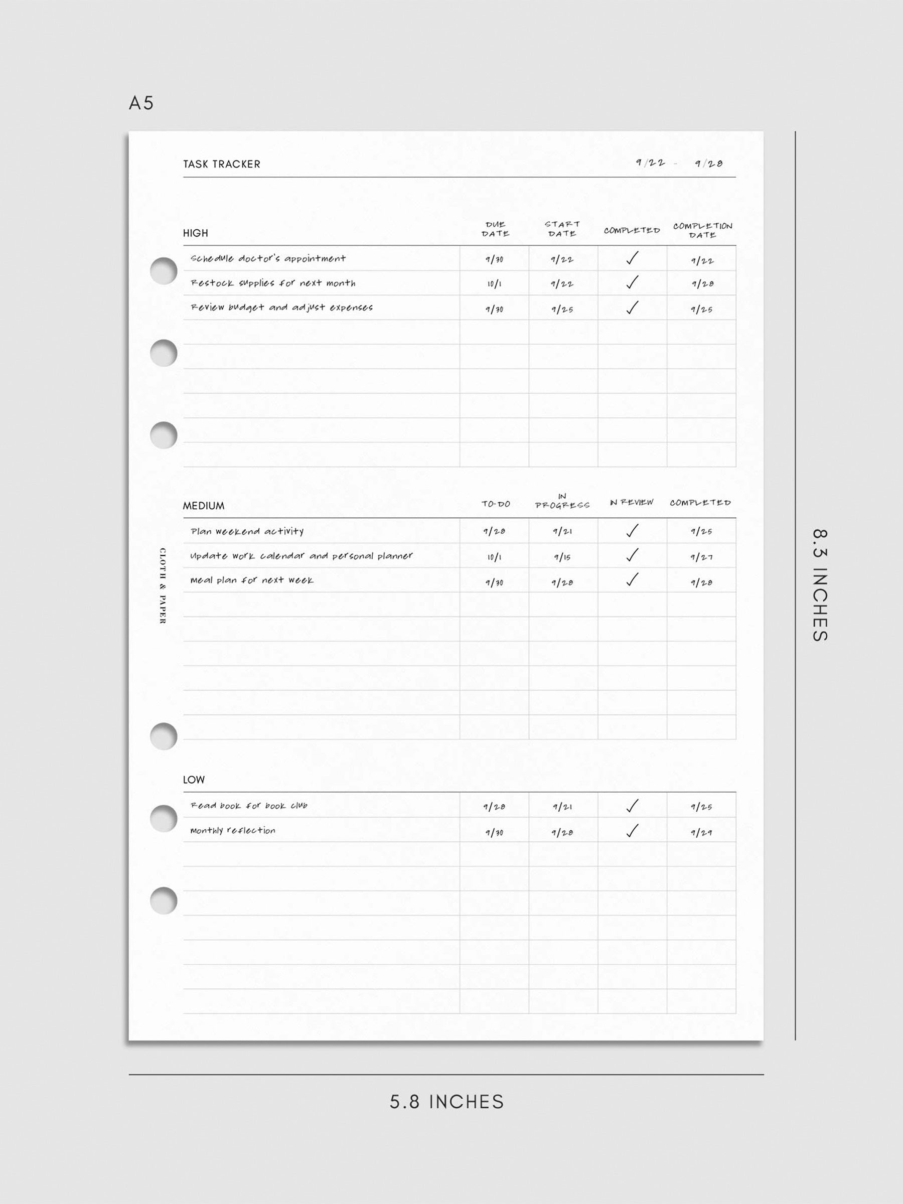 Digital mockup of the Kanban Task Tracker Planner Inserts with examples. Size shown is A5.