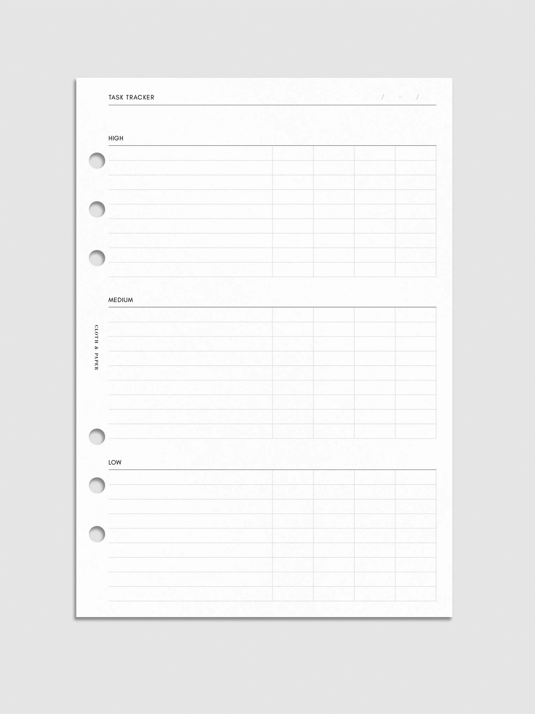 Digital mockup of the Kanban Task Tracker Planner Inserts showing sections for high, medium, and low priority tasks. Size shown is A5.