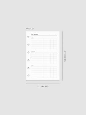 Digital mockup of the Kanban Task Tracker Planner Inserts showing sections for high, medium, and low priority tasks. Size shown is Pocket.