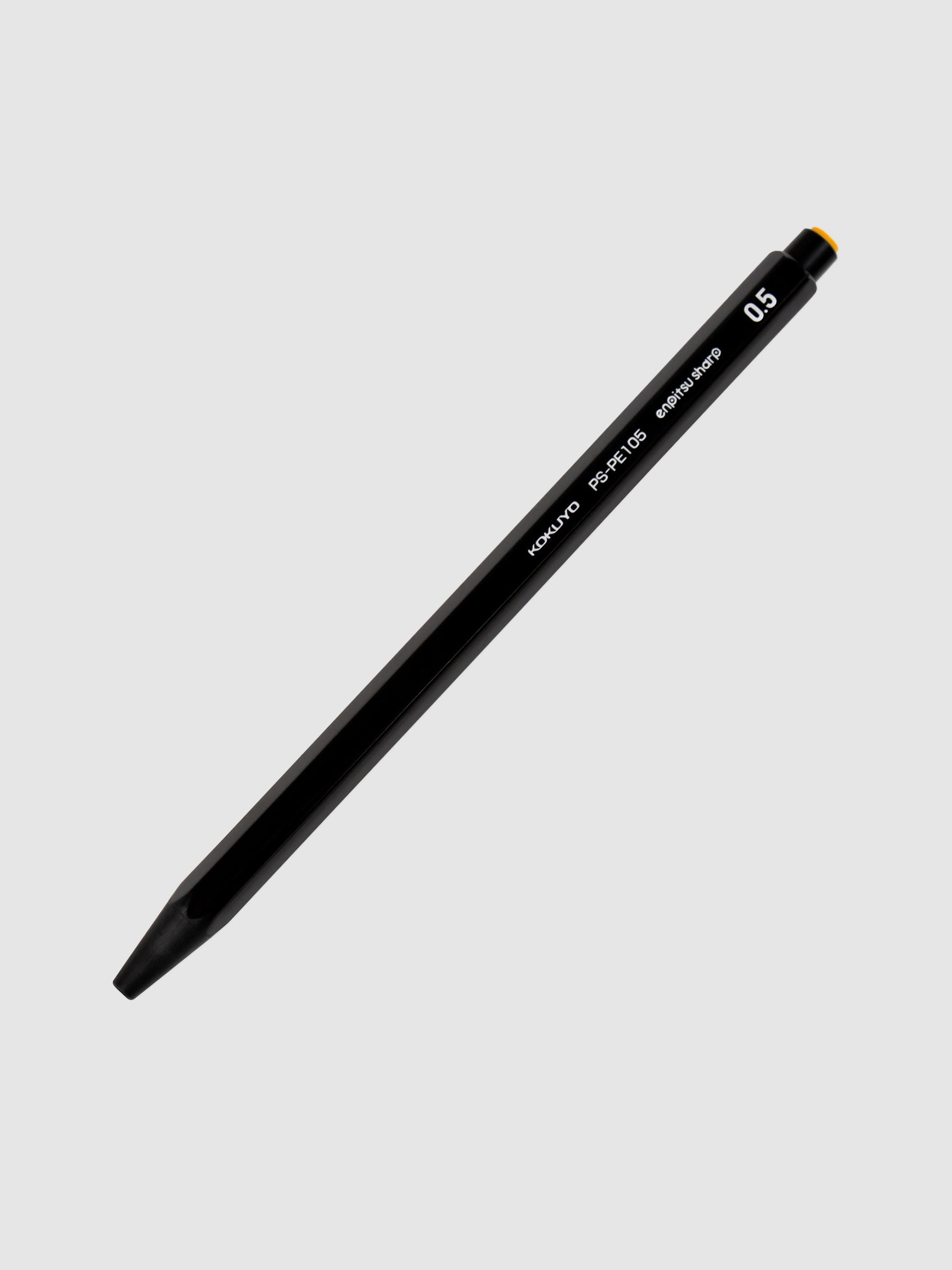 Kokuyo Enpitsu Sharp Mechanical Pencil, 0.5, Black, Cloth and Paper. Pencil turned to the right against a neutral background.