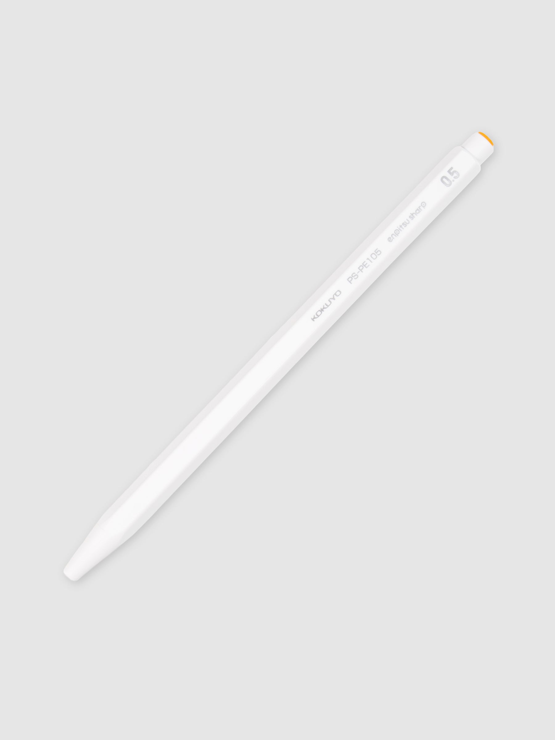 Kokuyo Enpitsu Sharp Mechanical Pencil, 0.5, White, Cloth and Paper. Pencil turned to the right against a neutral background.