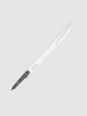 Kokuyo x Platinum Preppy Perpanep Fountain Pen, Cloth and Paper. Pen uncapped with cap posted, turned to the right against a neutral background.