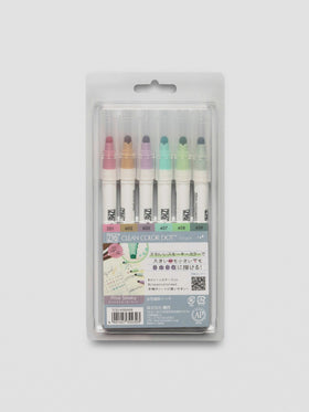 Full set of six Kuretake ZIG Clean Color Dot Markers in Mild Smoky colors shown in original retail packaging.
