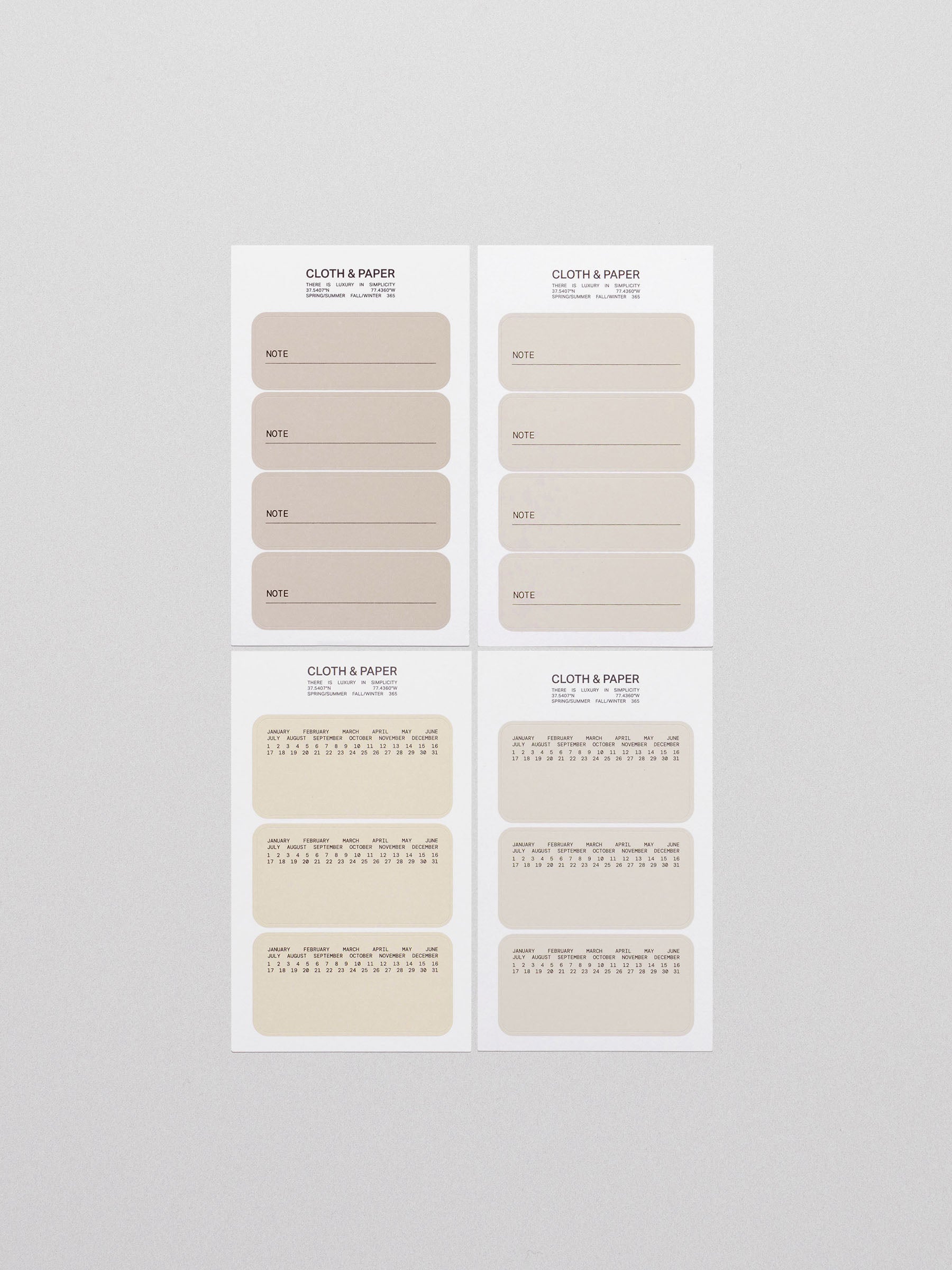 Four sheets of Cloth & Paper Label Planner Stickers titled "Note," displayed on a light grey background. The top two sheets feature rectangular beige stickers labeled "Note" with a line for writing, while the bottom two sheets feature beige stickers with a minimalist yearly calendar printed on each label