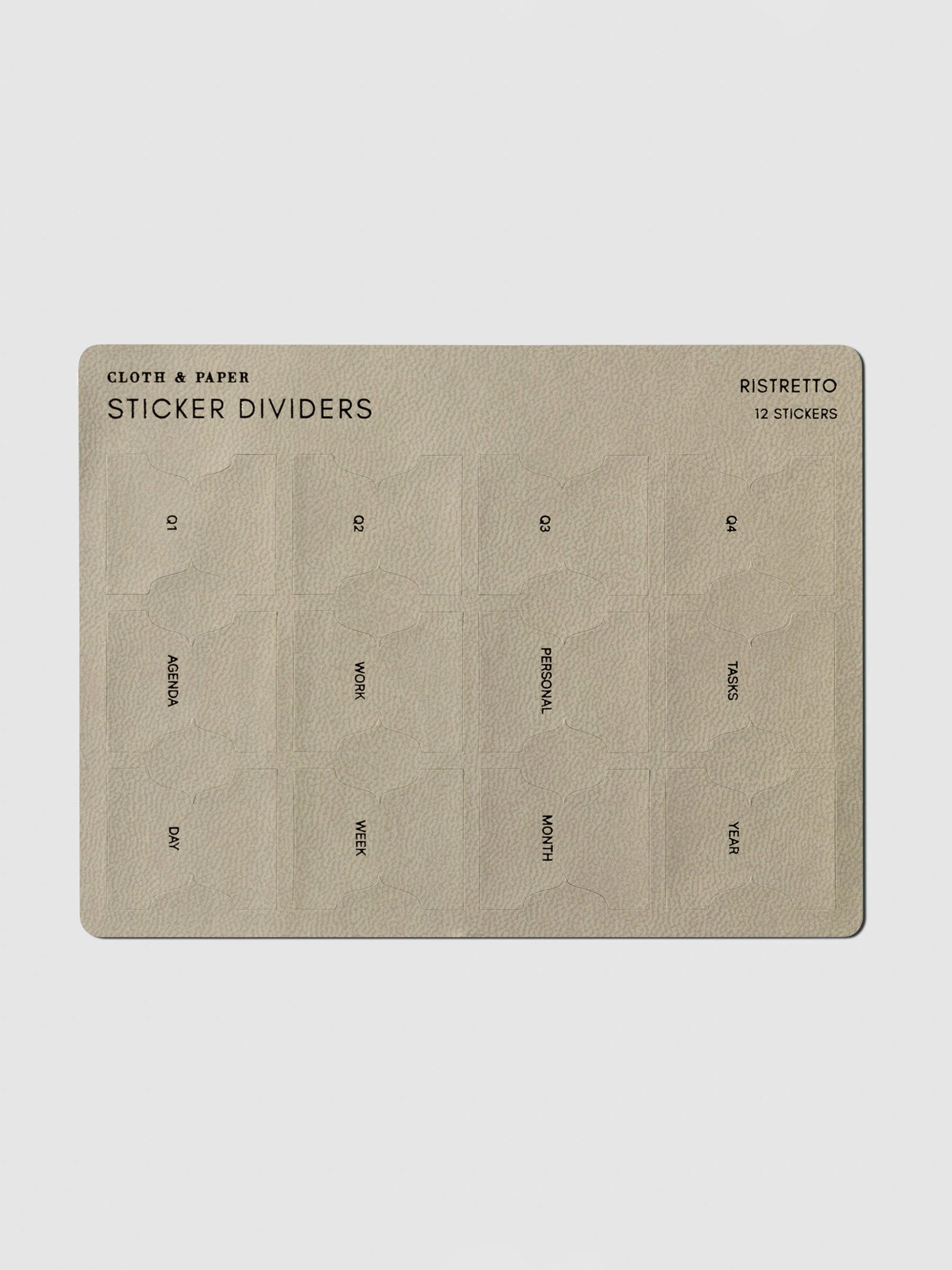 Leather Sticker Dividers, Cloth and Paper. Dividers displayed in their packaging on a neutral background.