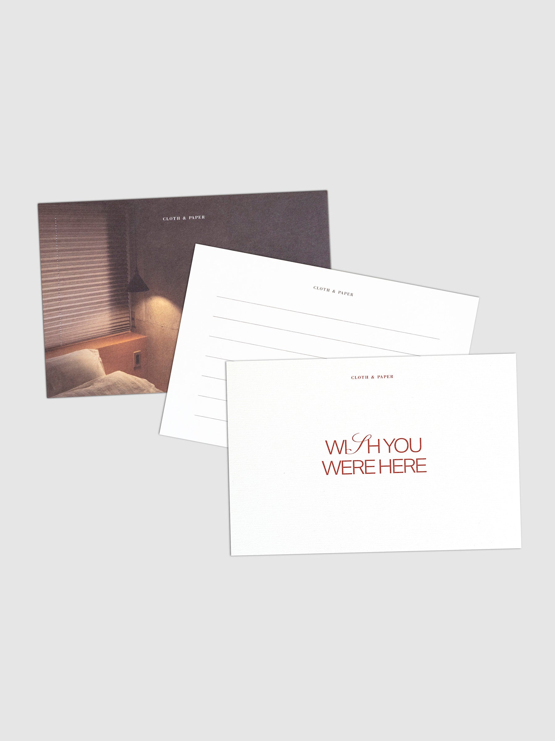 Letter Set, Rilassati, Cloth and Paper. Set of 3 cards displayed on a neutral background.