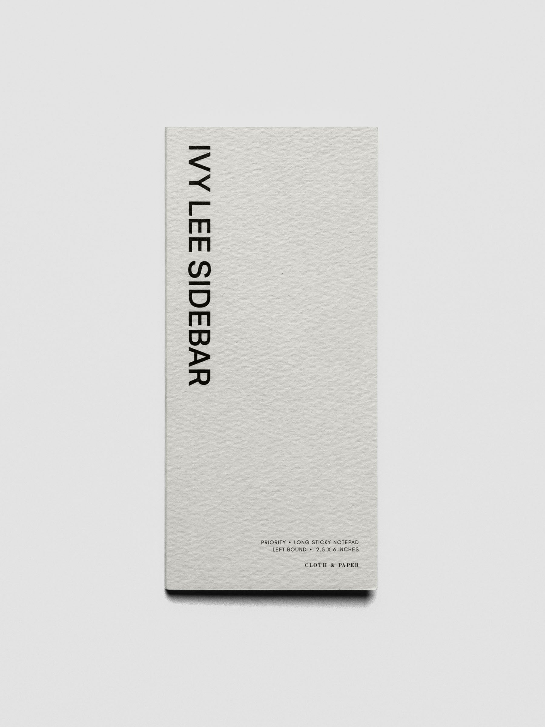 Front view of the Long Ivy Lee Sidebar Sticky Note with a minimal light gray textured cover featuring vertical black text that reads "Ivy Lee Sidebar".