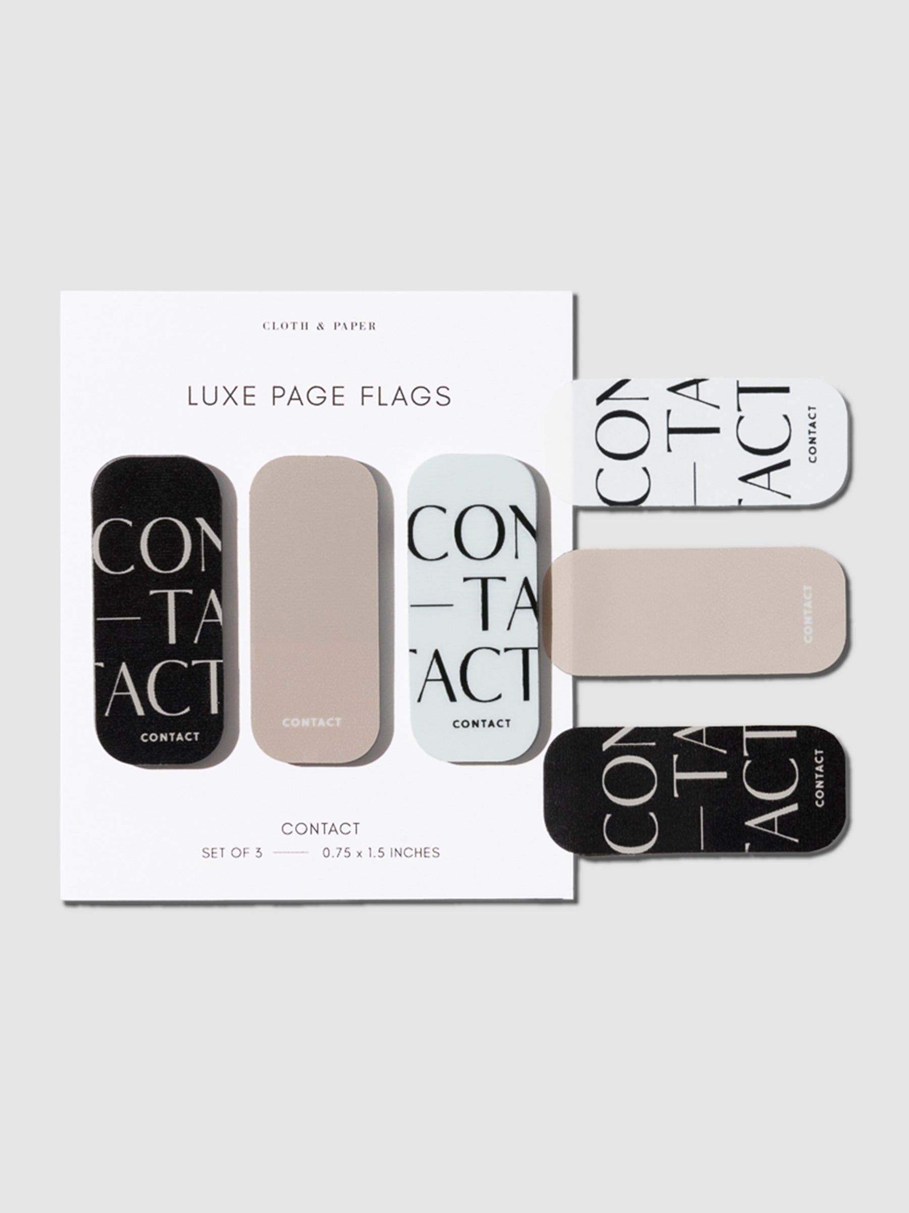 Contact page flags on their backings on a neutral background. One of each flag is stuck to the right side of the backing.