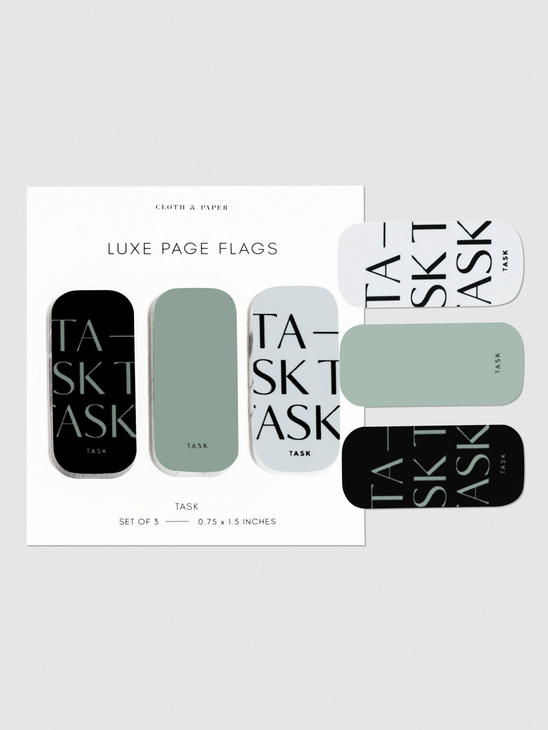 Task page flags on their backings on a neutral background. One of each flag is stuck to the right side of the backing.