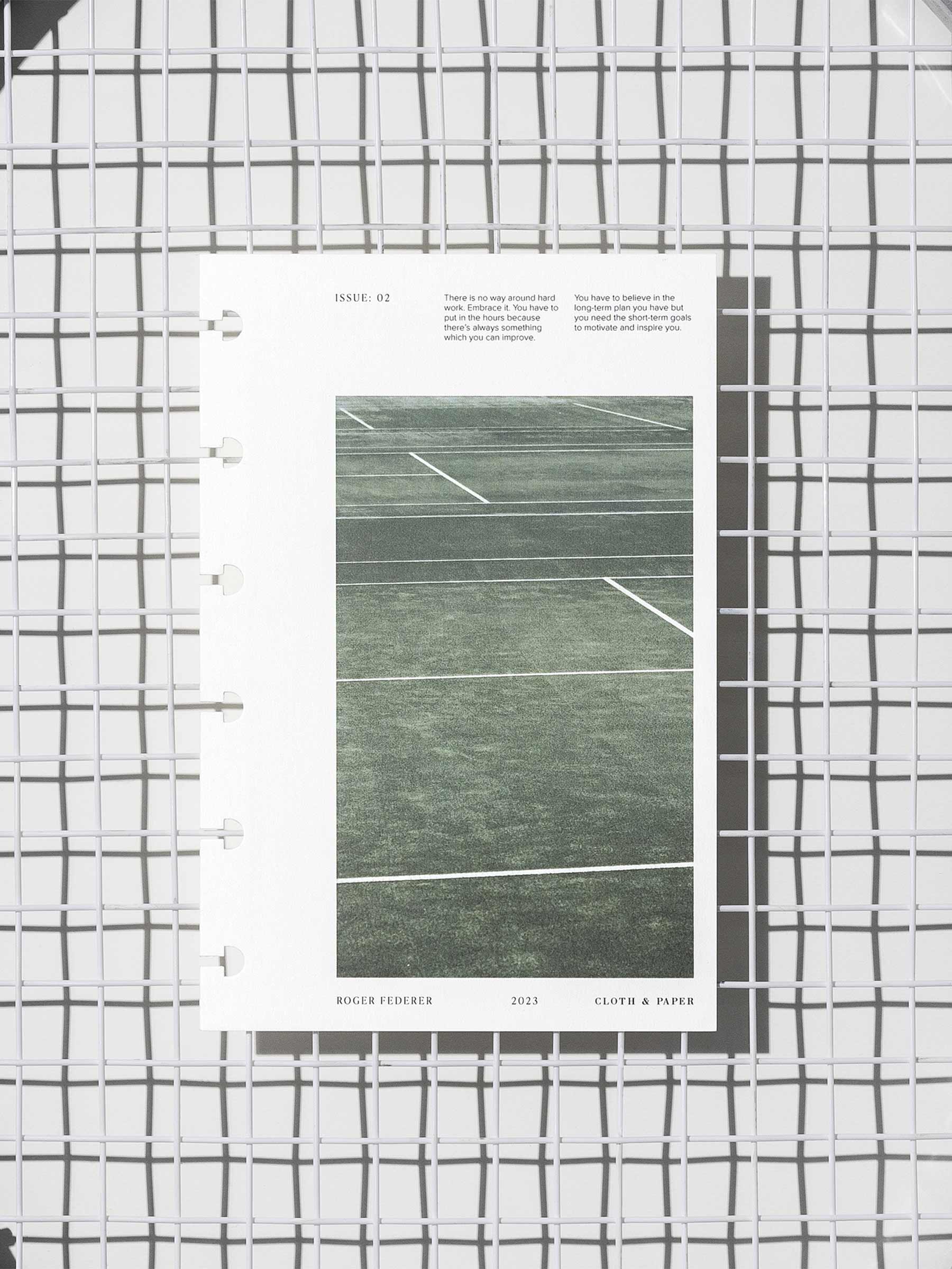Full Court  dashboard displayed on a tennis racket's netting. Size shown is A5.