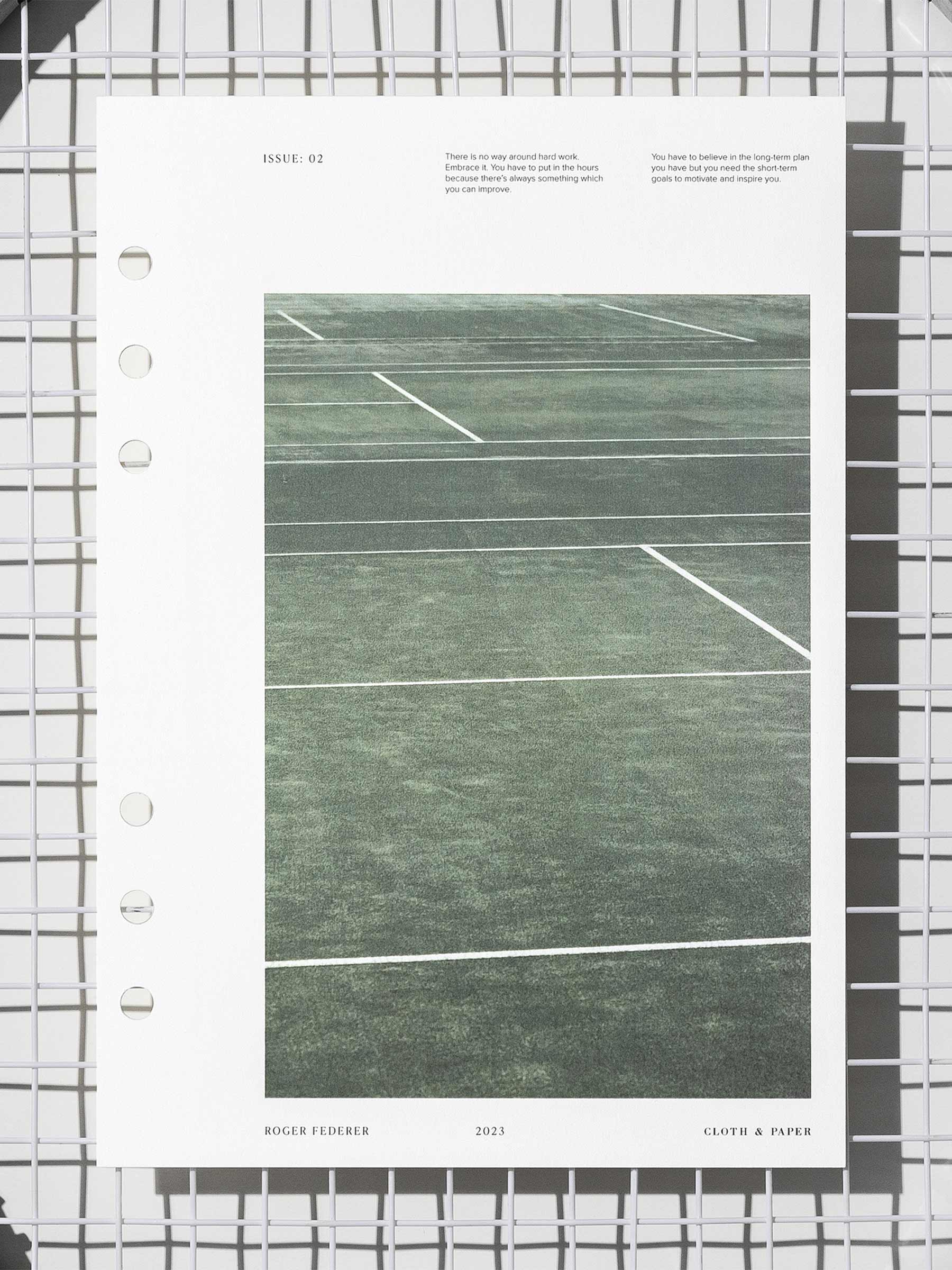 Full Court  dashboard displayed on a tennis racket's netting. Size shown is A5.
