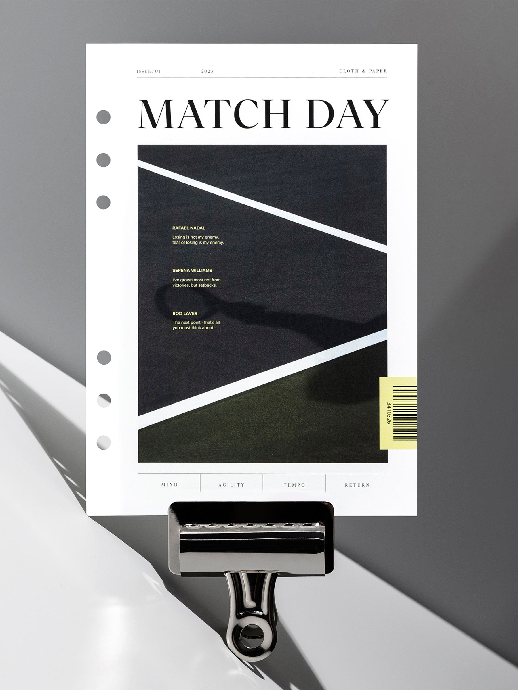 Match Day dashboard displayed with a clip on a neutral gray background. Size shown is A5. 
