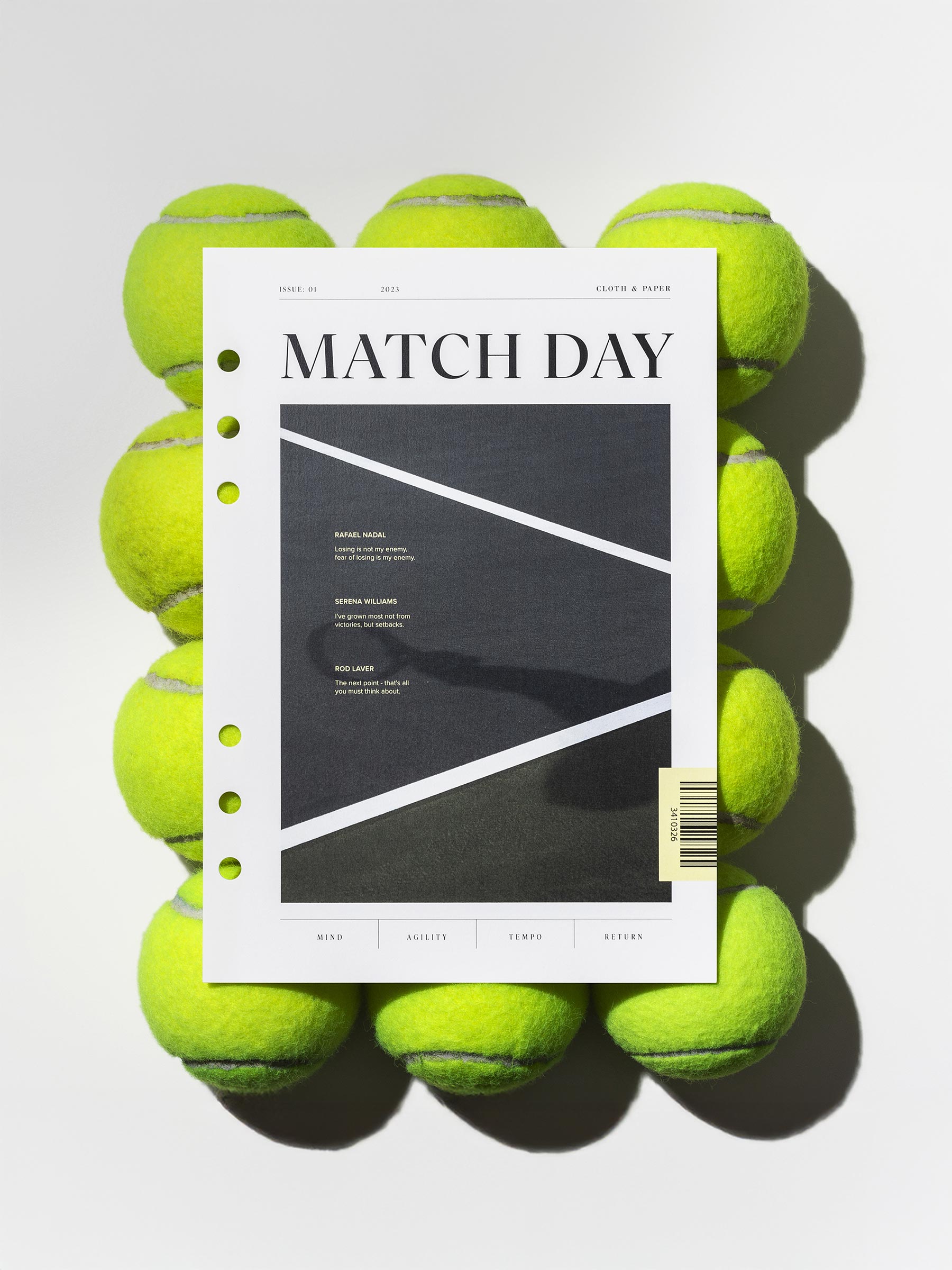 Match day dashboard displayed on top of 12 tennis balls. Size shown is A5. 