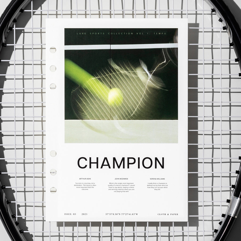 Champion  dashboard displayed on a tennis racket's netting. Size shown is  A5. 