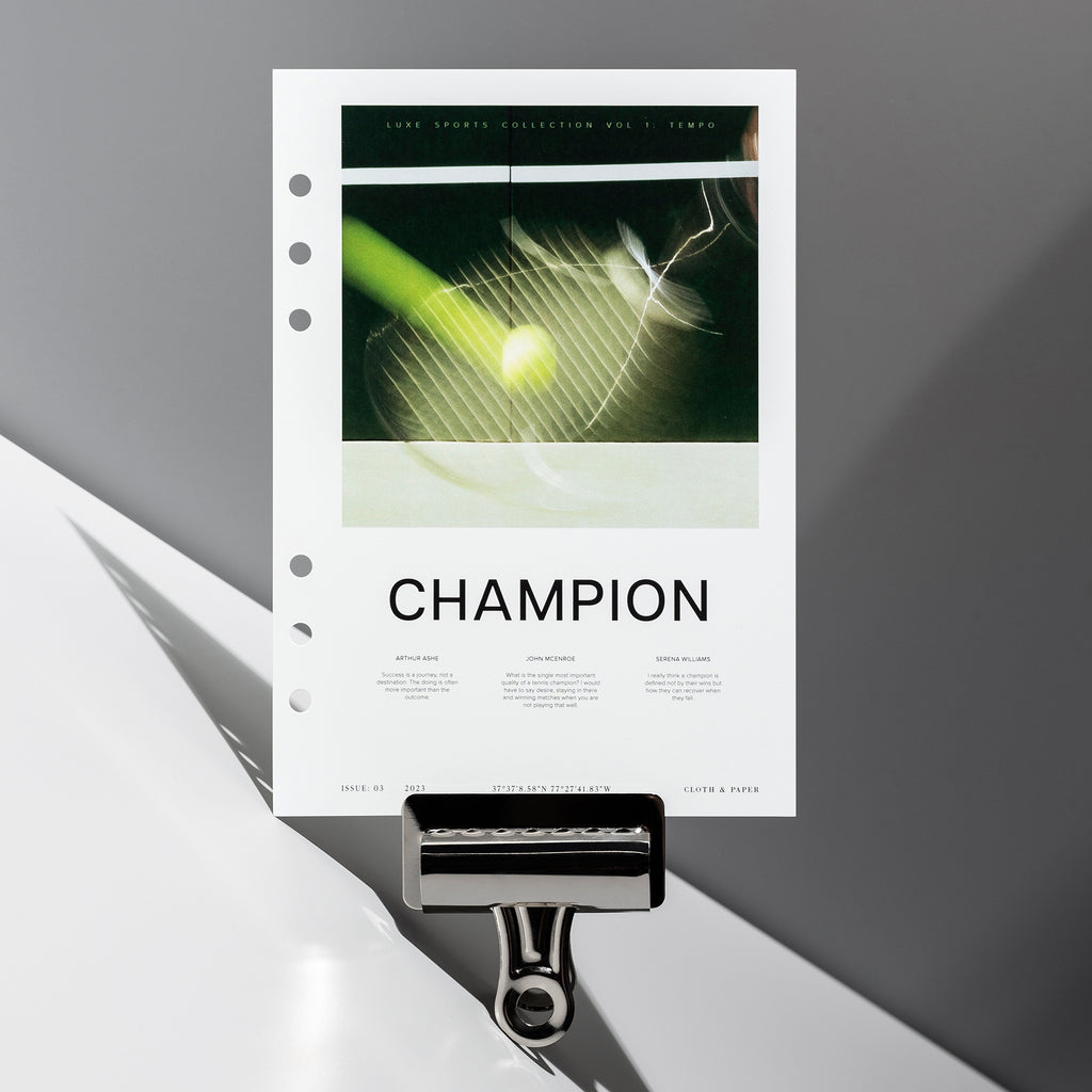 Champion dashboard displayed with a clip on a neutral gray background. Size shown is A5. 