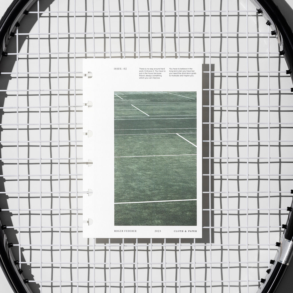 Full Court dashboard displayed on a tennis racket's netting. Size shown is CP Petite. 