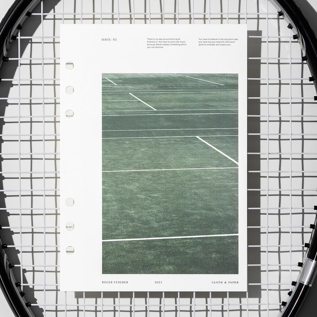 Full Court  dashboard displayed on a tennis racket's netting. Size shown is A5.