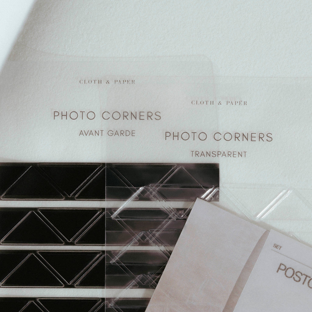 Some sheets from the Photo Corners Sticker Set.  Present are examples of Avant Garde and Transparent.