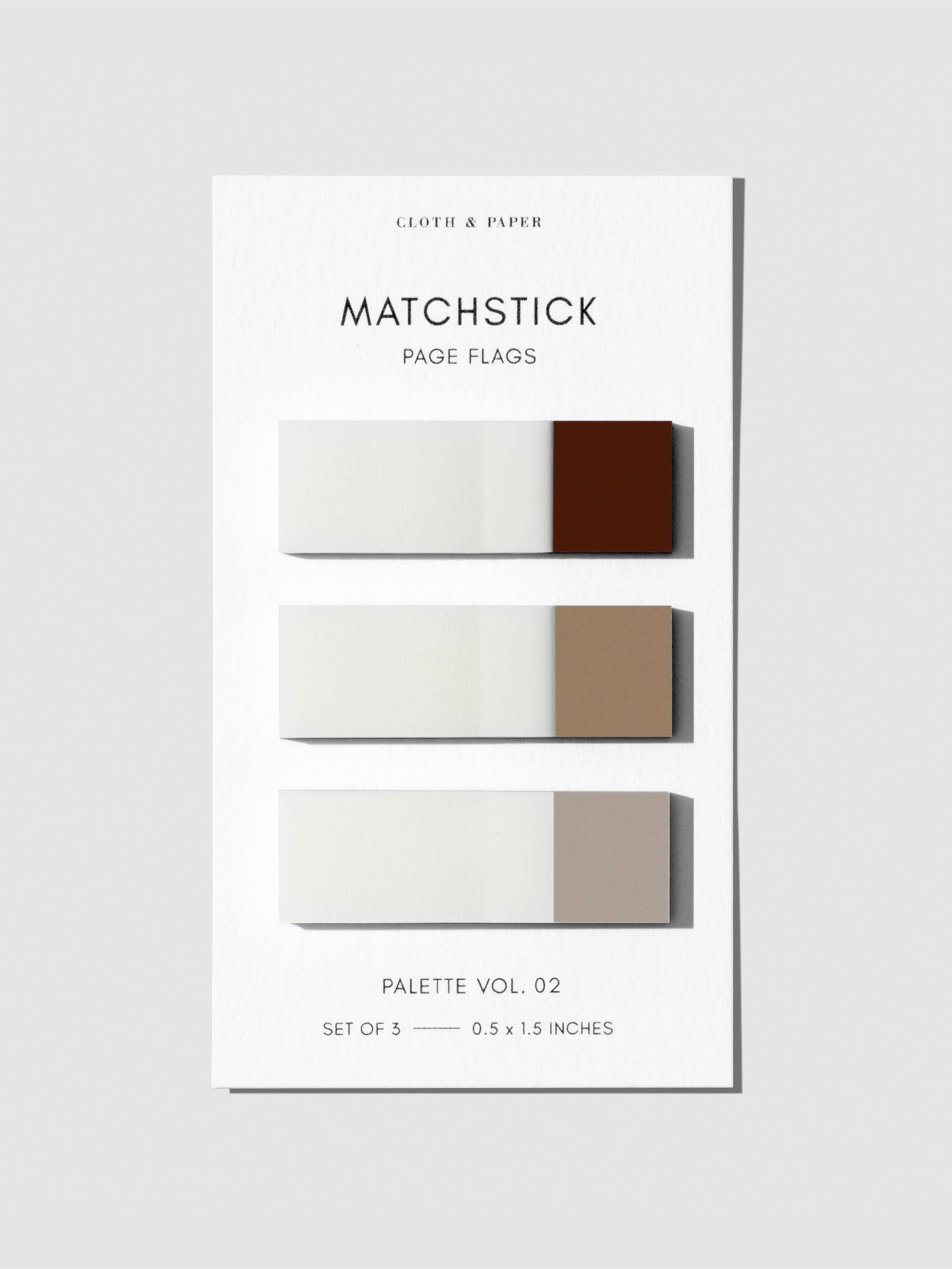 Matchstick Page Flag Set, Palette Vol. 02, Saddle, Moscow, and Crepe, Cloth and Paper. Set of matchstick page flags eft against a neutral background.