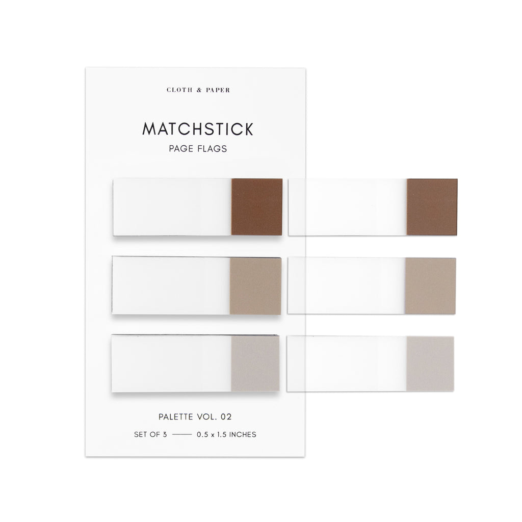 Matchstick Page Flag Set, Palette Vol. 02, Saddle, Moscow, and Crepe, Cloth and Paper. Set of matchstick page flags eft against a white background with samples of each page flag stuck to the backing.