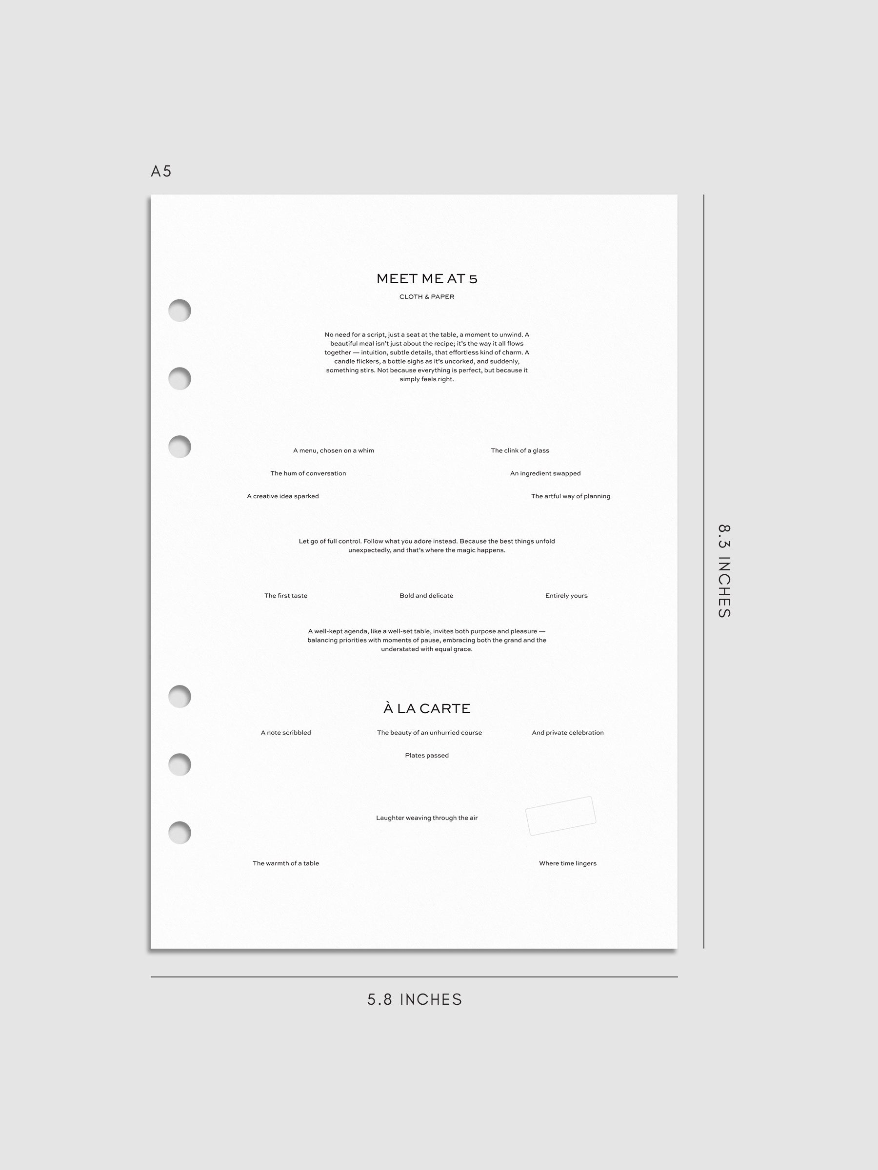 Digital mockup of the Meet Me At 5 Planner Dashboard in A5.