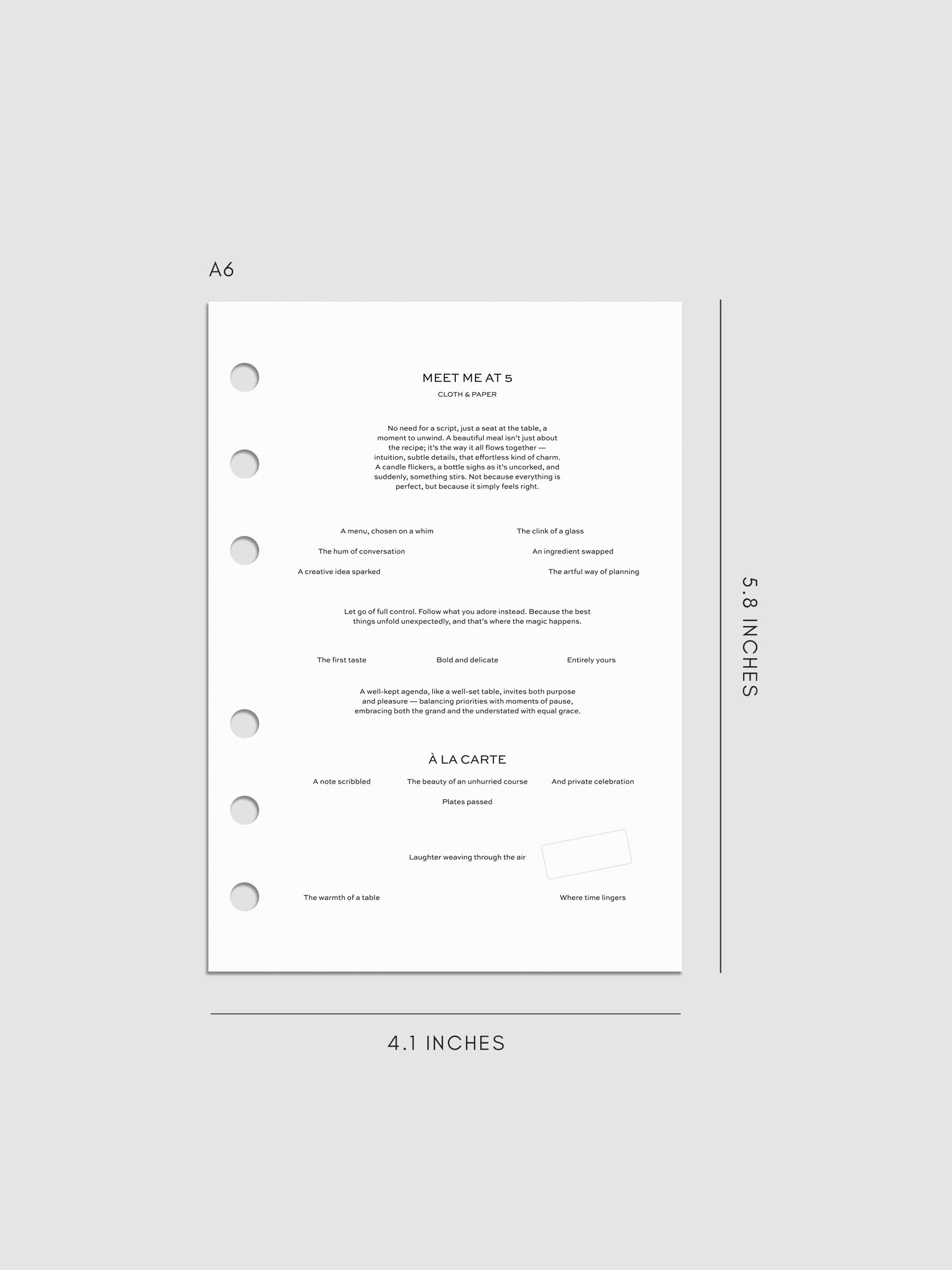Digital Mockup of the Meet Me At 5 Planner Dashboard in A6.