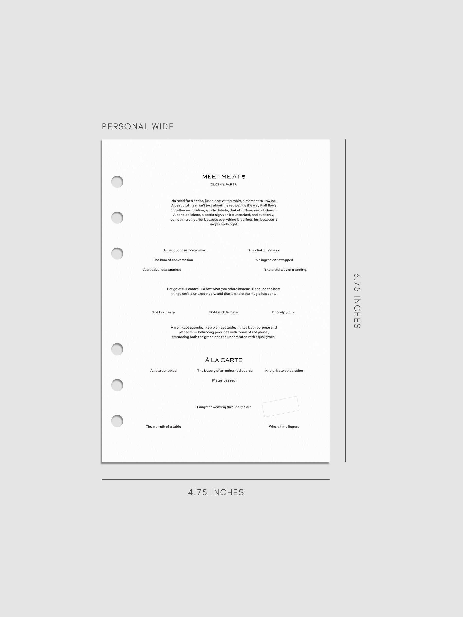 Digital Mockup of the Meet Me At 5 Planner Dashboard in Personal Wide. 