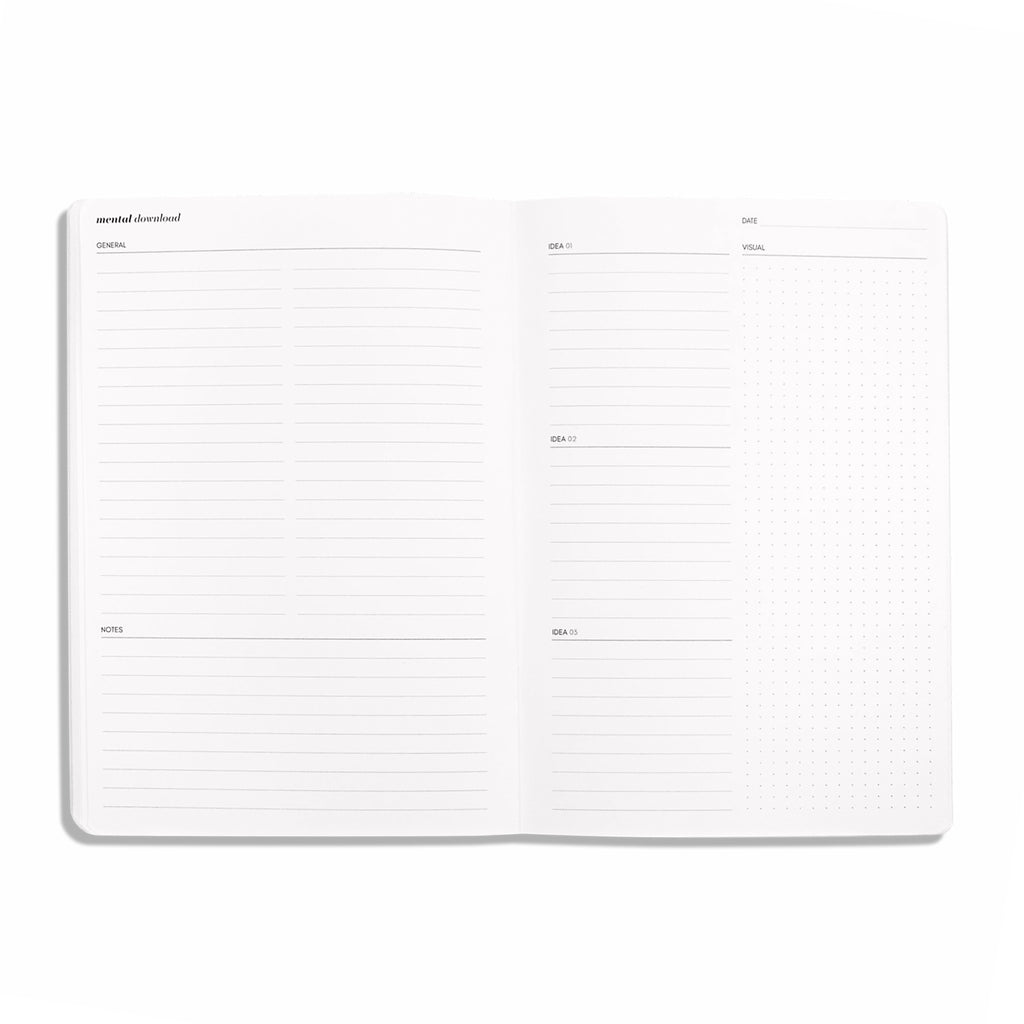 Mental Download Notebook, A5, Cloth and Paper. Notebook open and laid flat