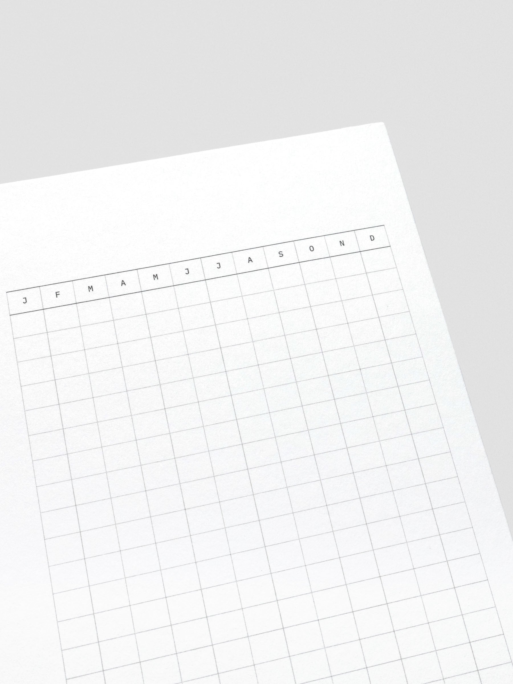 Close up of the Monthly Habit tracker section with header letters for each month of the year.