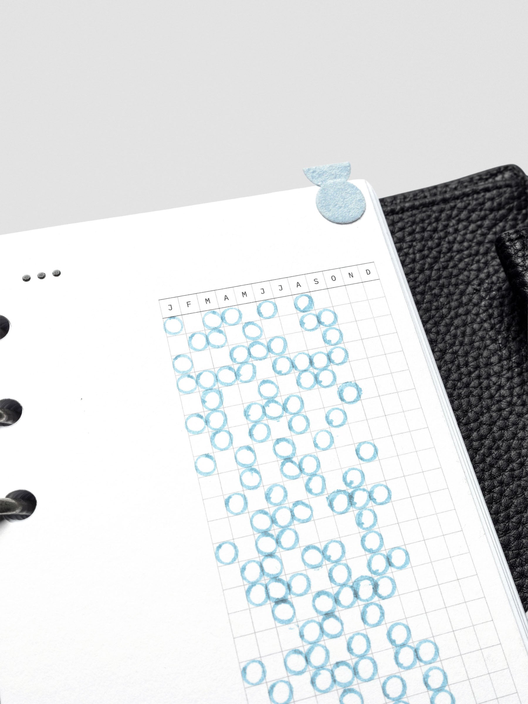 Close up of the Mindful Moments Dashboard shown with the habit tracker filled out using the Half Sugar Blue Highlighter and tabbed at the top with a Cloud Sticker in Velvet.